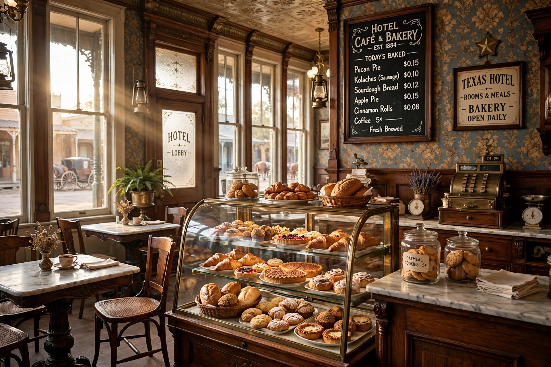Illustration of a charming historic hotel café with bakery cases and morning light (illustrative, not the actual restaurant)