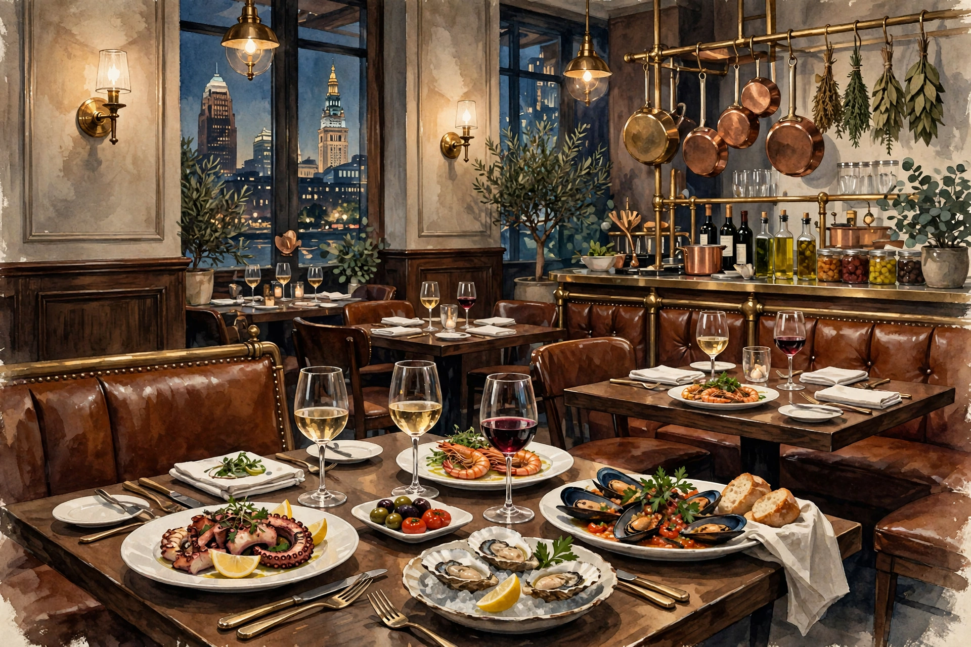 Illustration of Adega's refined Mediterranean dining room in Cleveland