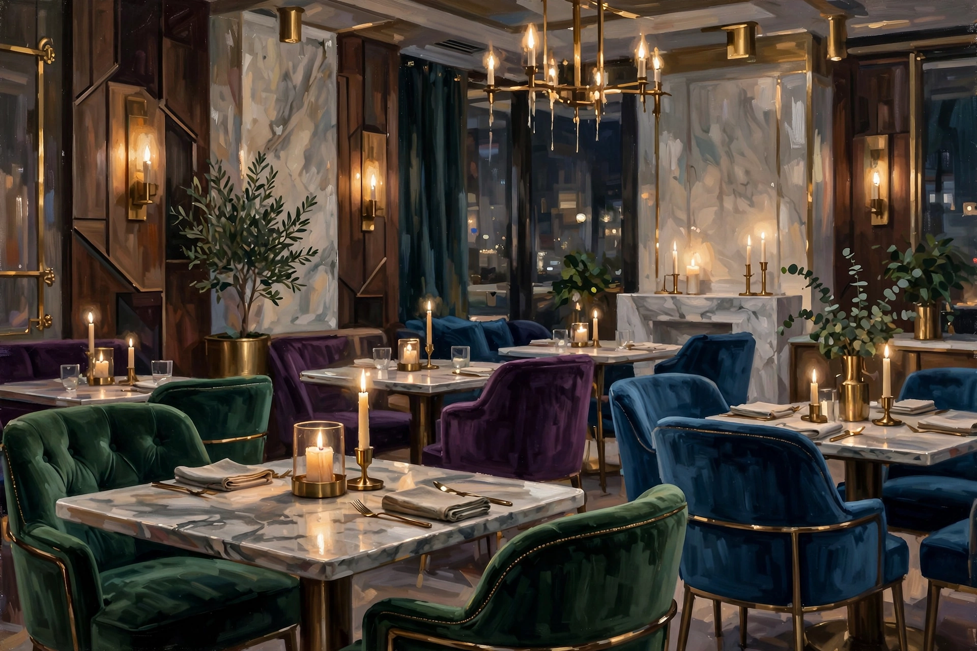 Illustration of a refined modern hotel dining room with jewel tones