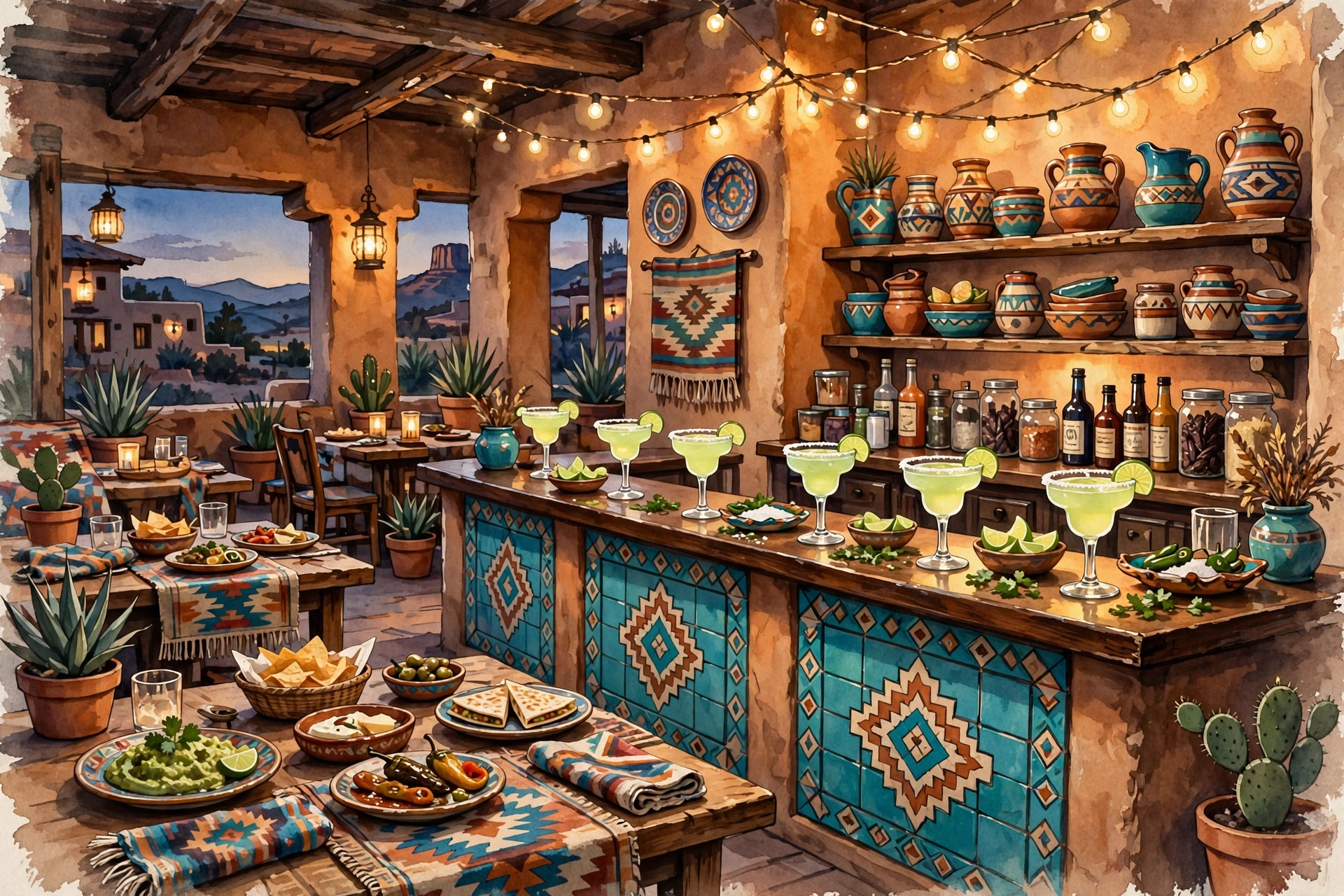 Illustration of a lively Santa Fe hotel lounge with a Southwestern bar, turquoise accents, margaritas on the counter, string lights and small plates at evening (illustrative, not the actual restaurant)