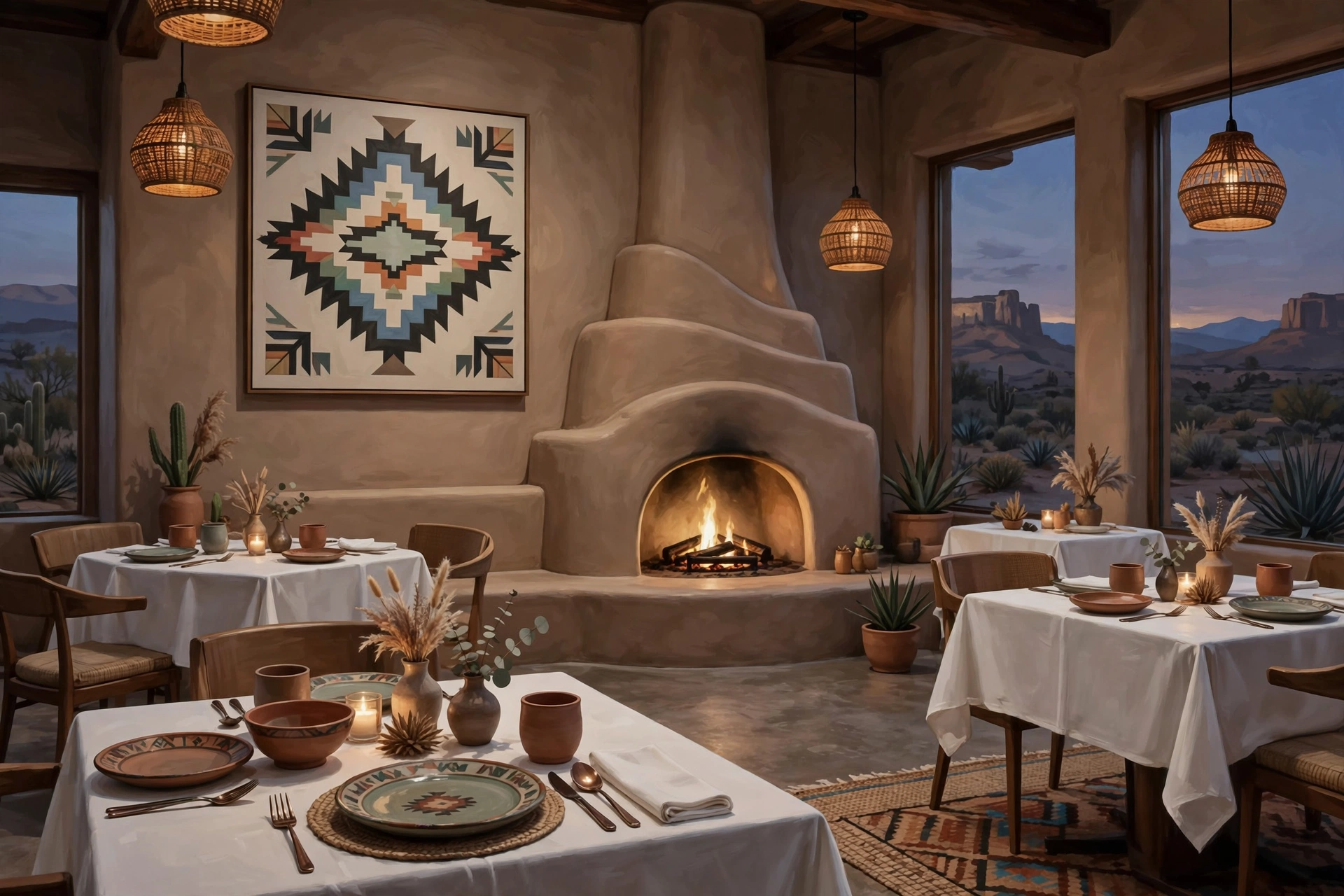 Illustration of a refined contemporary Southwestern fine-dining room with adobe tones, a sculptural kiva fireplace, Native-inspired modern art and white tablecloths at dusk (illustrative, not the actual restaurant)