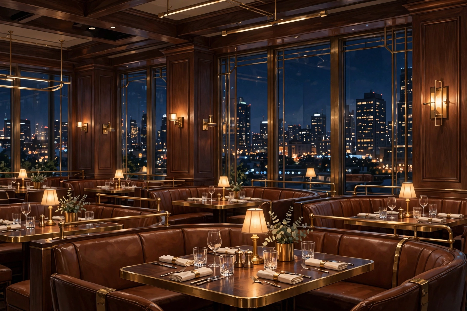 Illustration of an elegant modern American steakhouse dining room with warm wood and leather at evening (illustrative, not the actual restaurant)