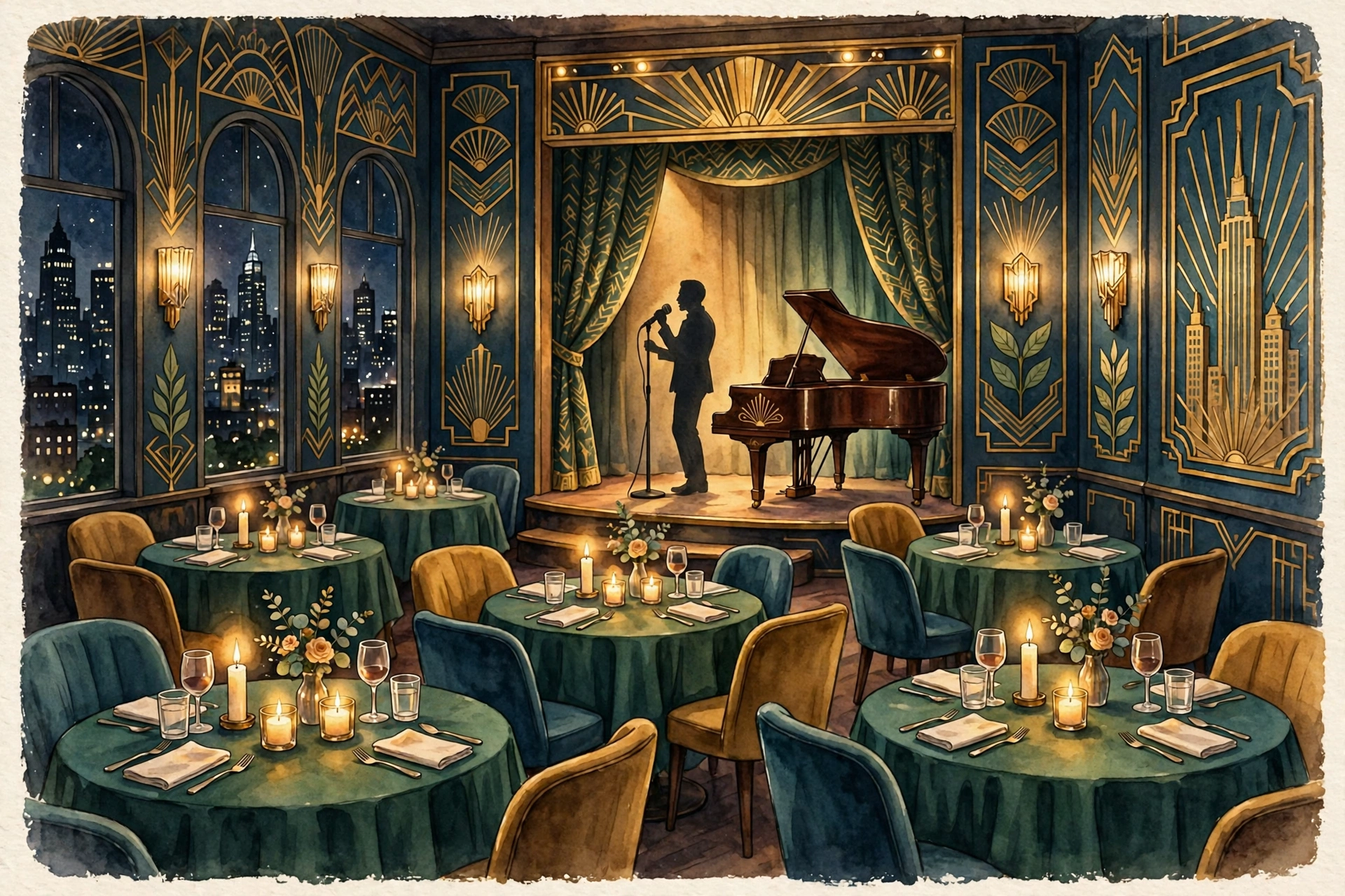 Illustration of an intimate cabaret supper club with candlelit tables