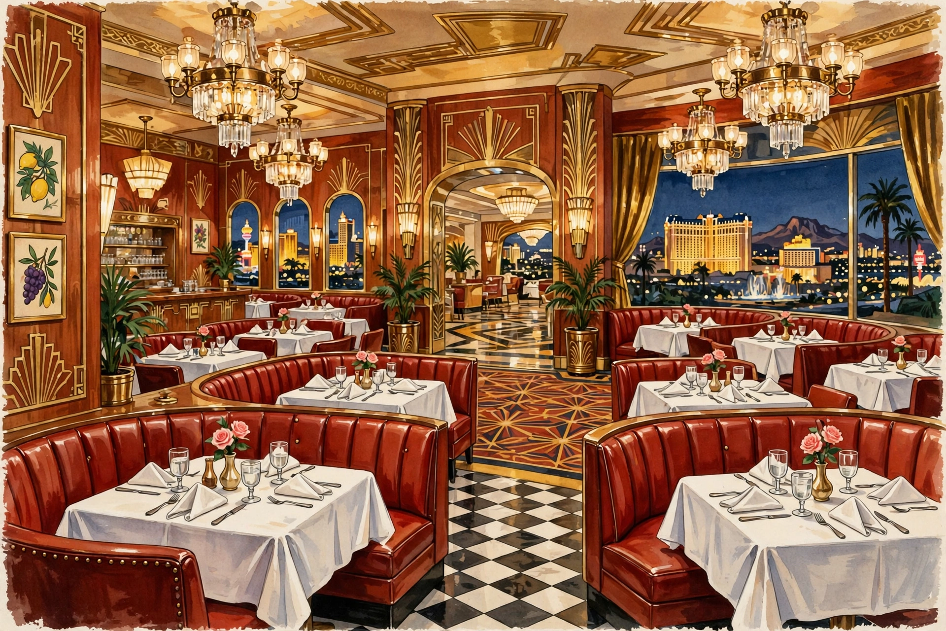 Illustration of a retro Italian-American supper club with red leather banquettes