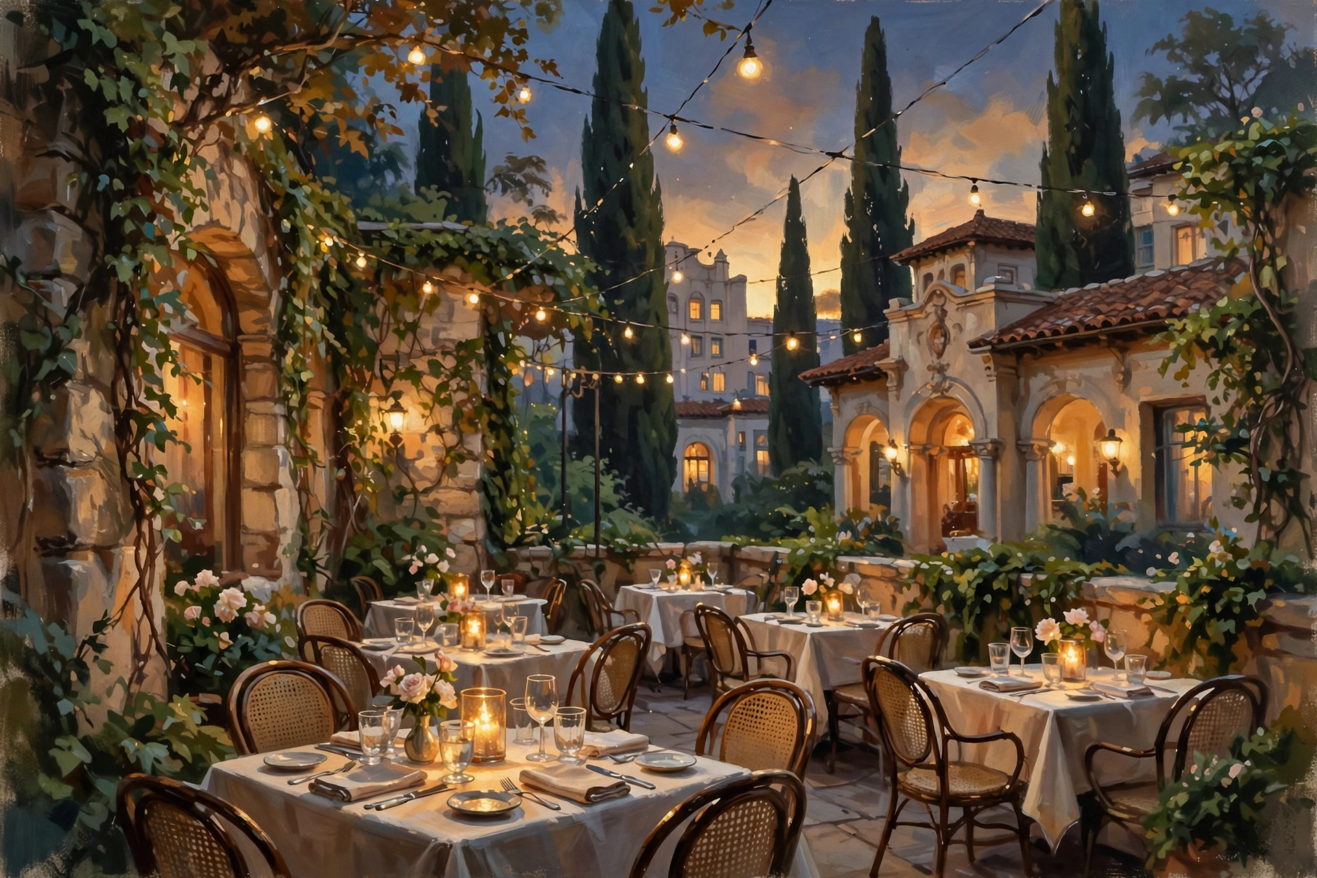 Illustration of the Chateau Marmont's garden terrace restaurant at dusk
