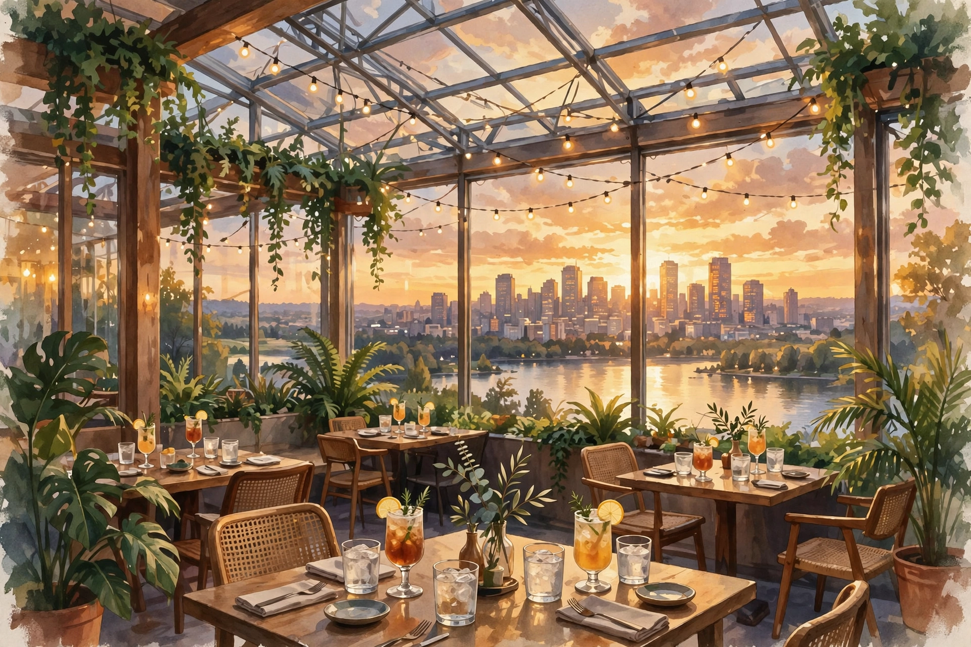 Illustration of a glass-enclosed rooftop restaurant overlooking the city at sunset