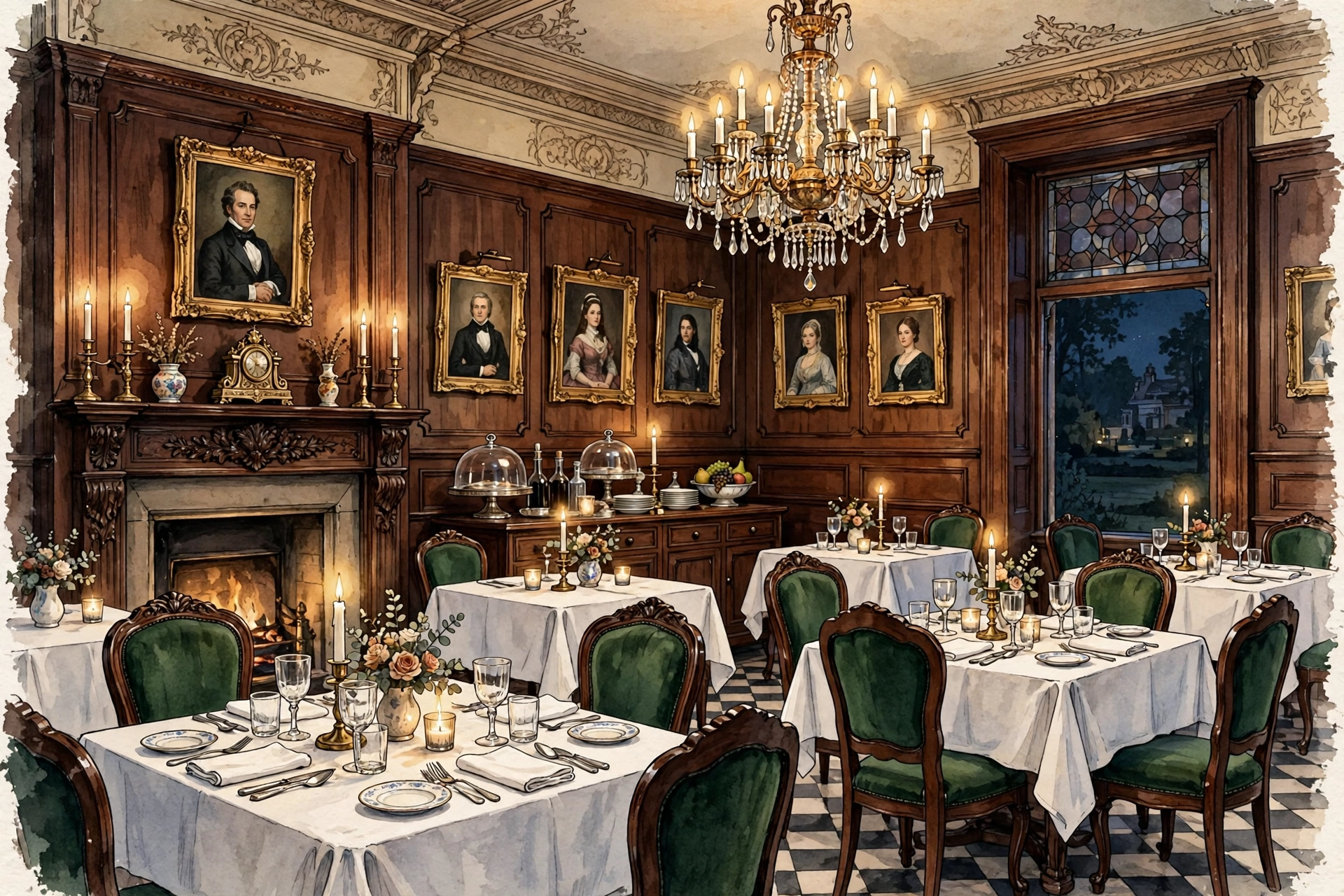 Illustration of a Victorian mansion fine-dining room with dark wood paneling, chandelier and candlelight at evening (illustrative, not the actual restaurant)