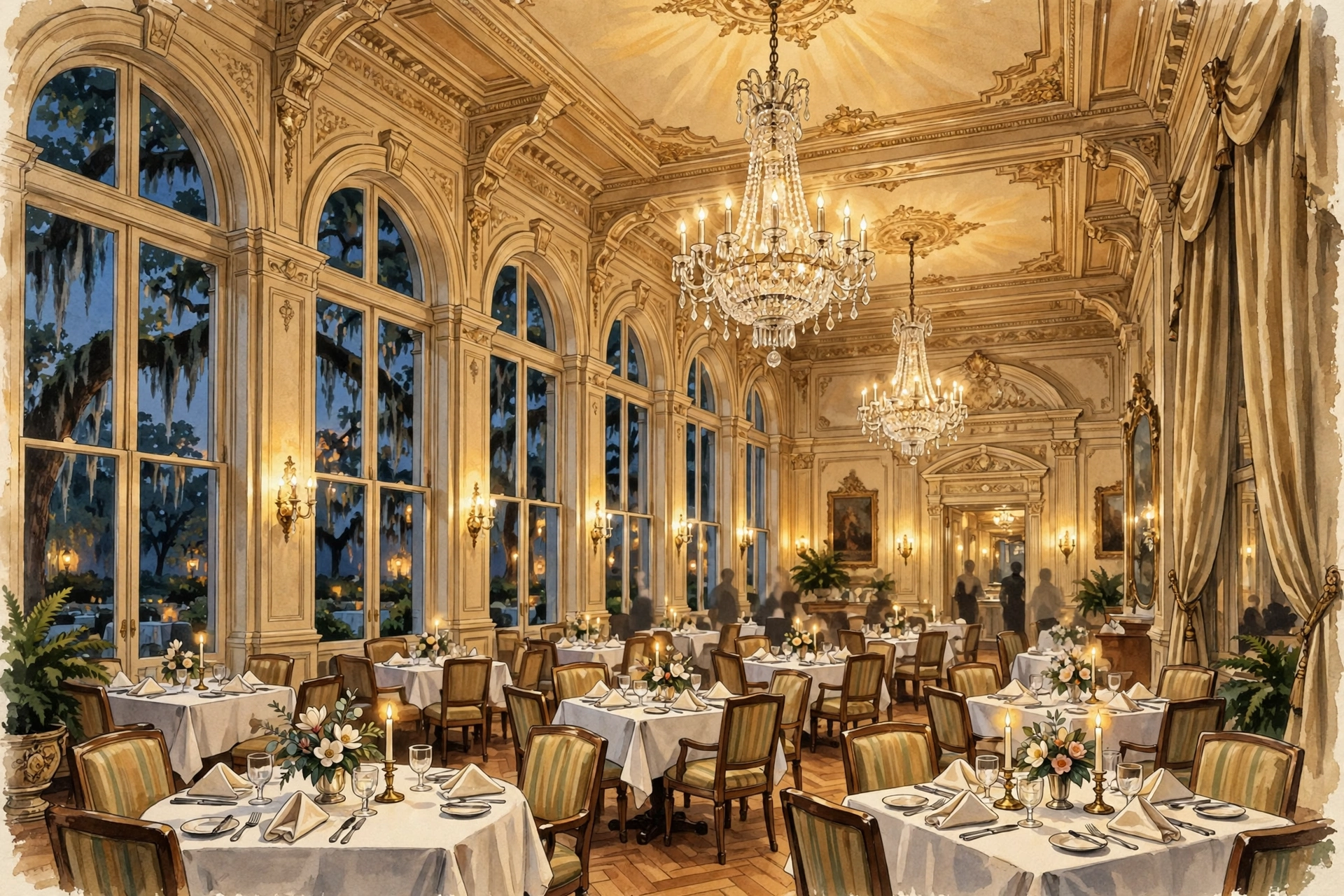 Illustration of a grand historic Southern hotel dining room with high ceilings and chandeliers at evening (illustrative, not the actual restaurant)