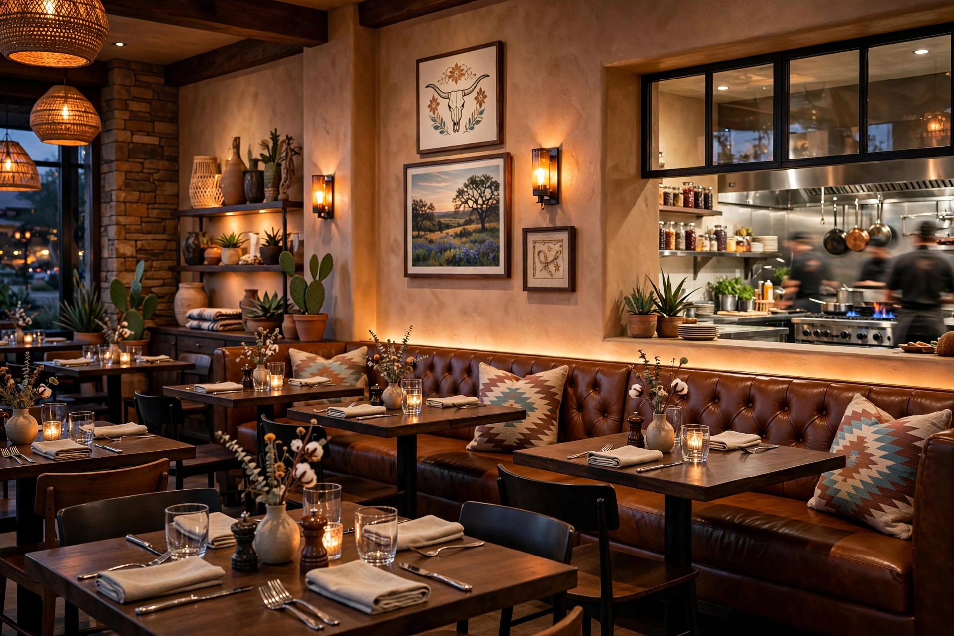 Illustration of an elegant Southwestern restaurant dining room with warm lighting at evening (illustrative, not the actual restaurant)