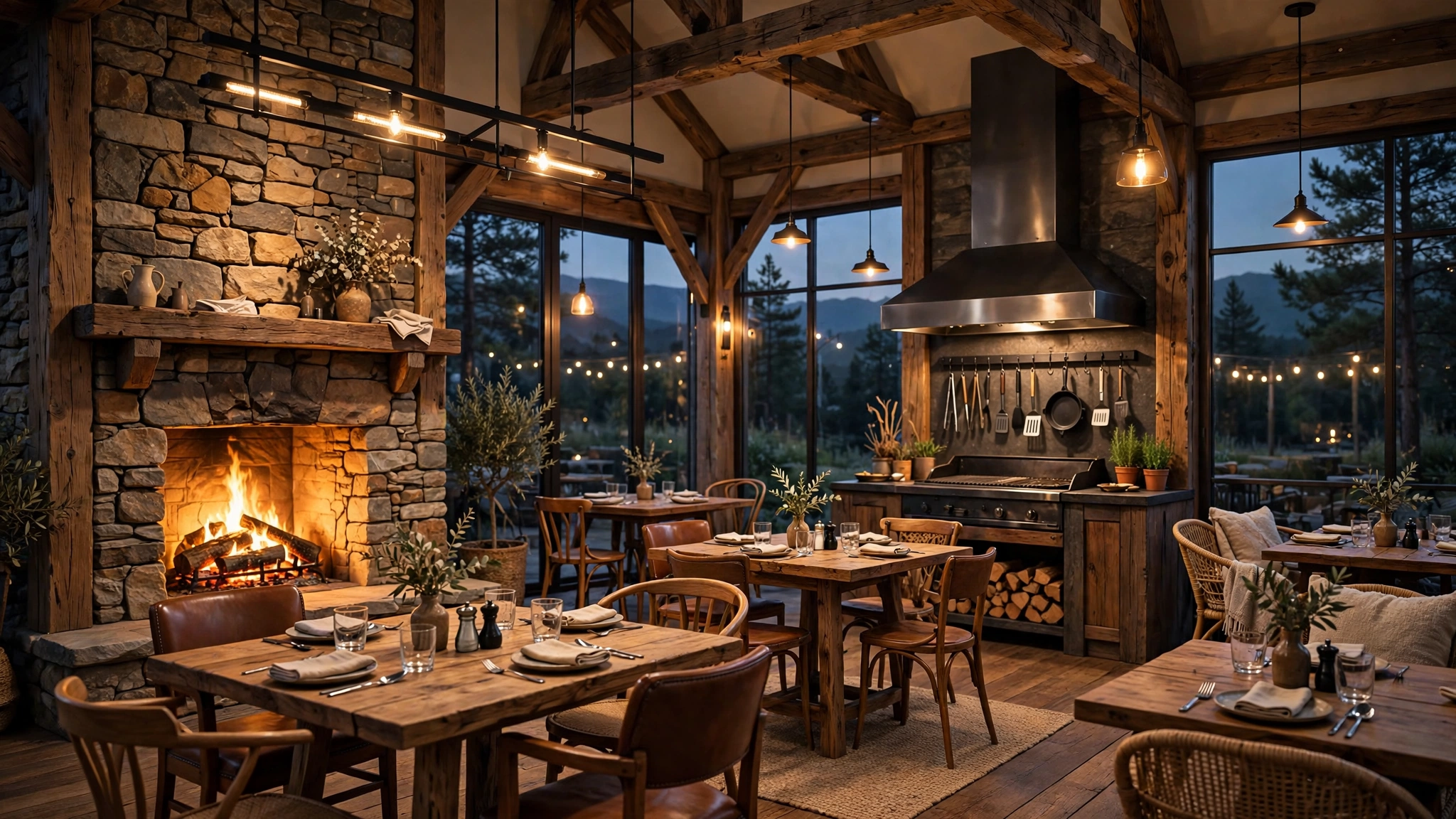 Illustration of a rustic-modern American grill dining room with stone and timber and a warm fire glow at evening (illustrative, not the actual restaurant)