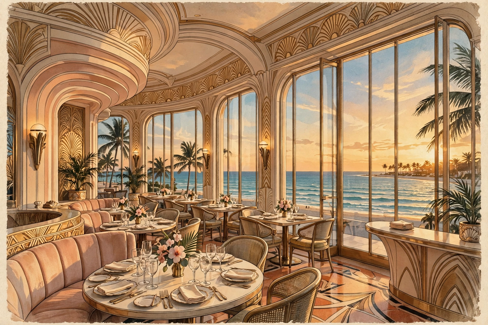 Illustration of a grand Miami Beach hotel dining room with art deco details and ocean views (illustrative, not the actual restaurants)
