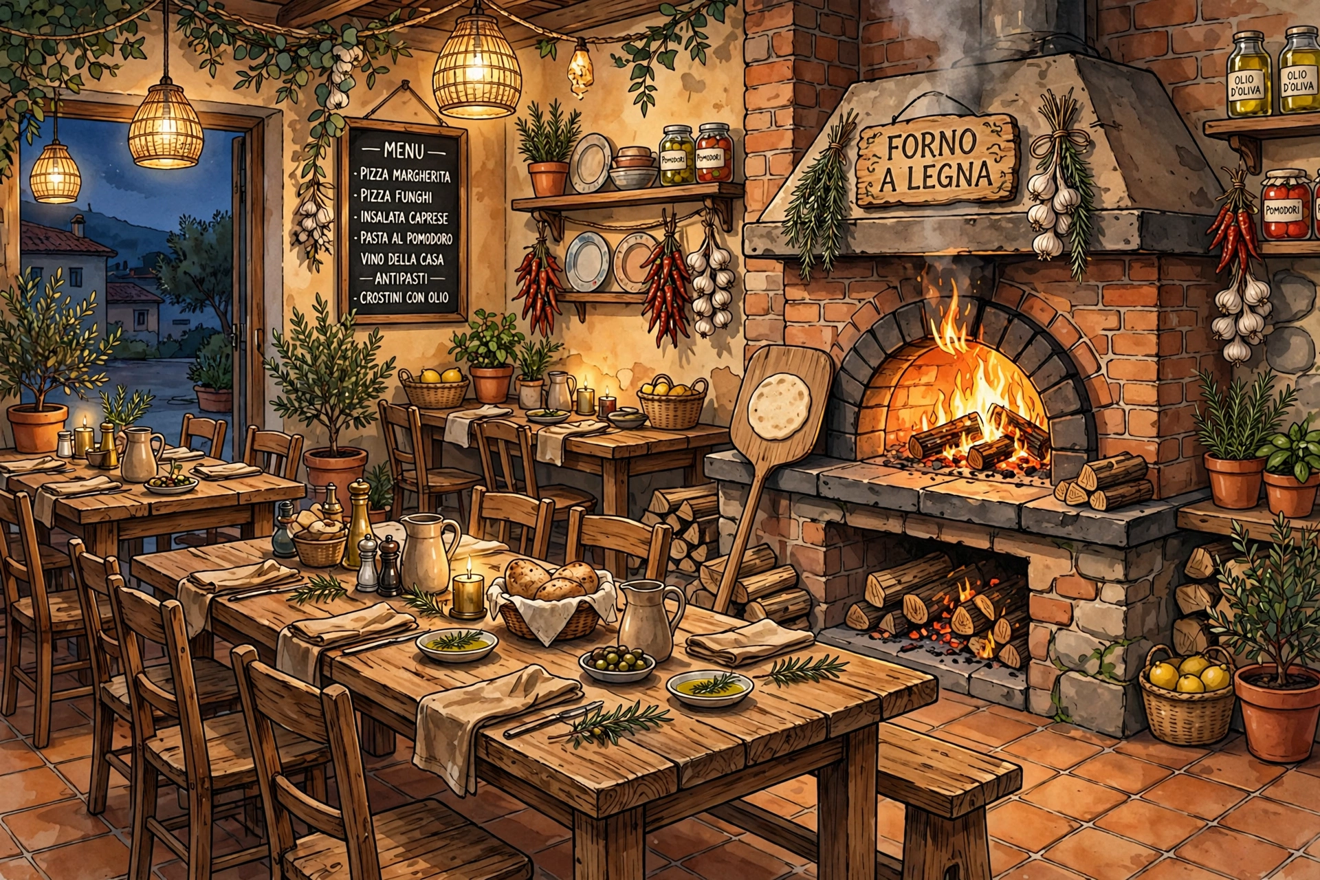 Illustration of a rustic wood-fired Italian restaurant with an open hearth oven, terracotta tiles and warm firelight at evening (illustrative, not the actual restaurant)