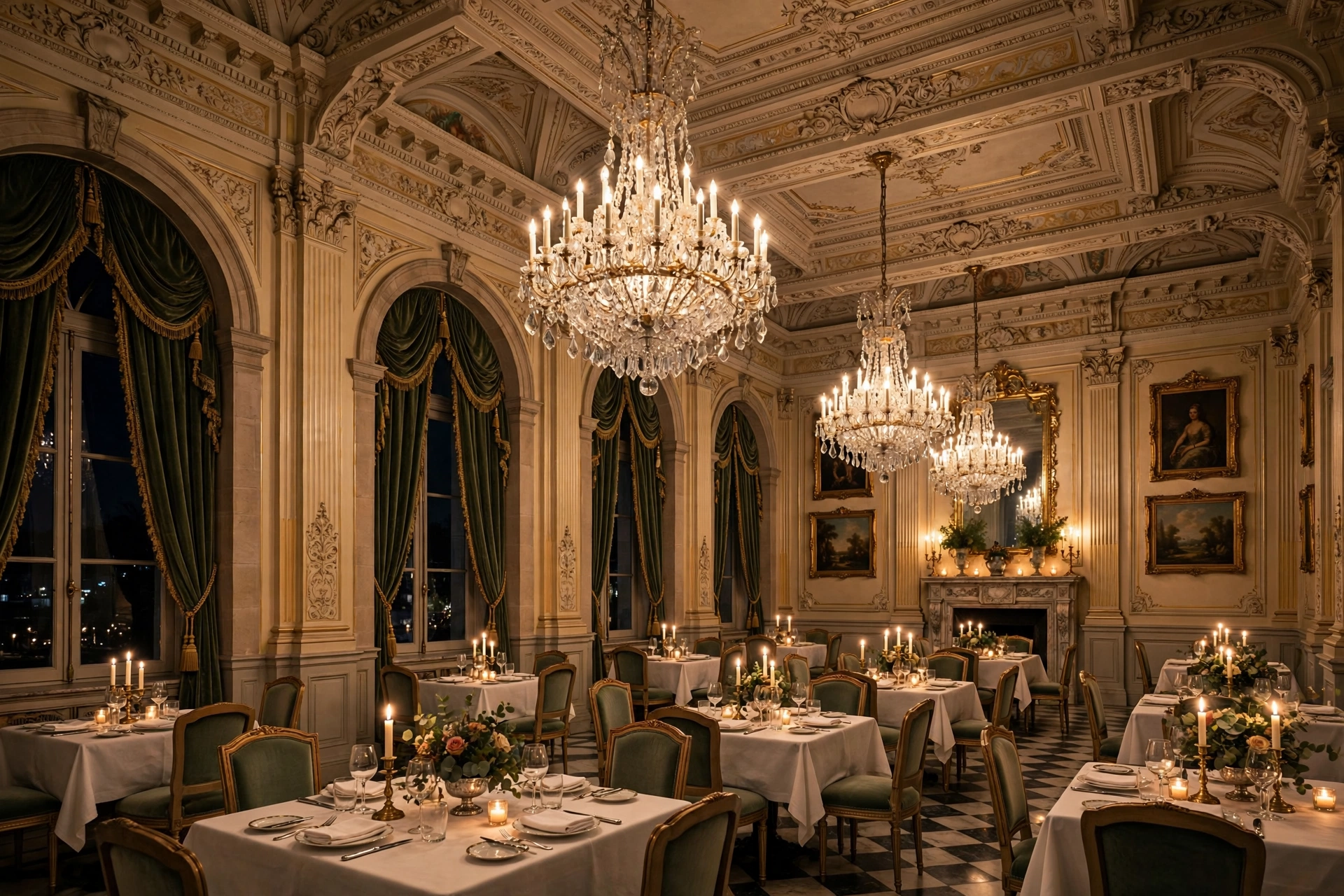 Illustration of a grand historic European-style dining room with chandeliers at evening (illustrative, not the actual restaurant)