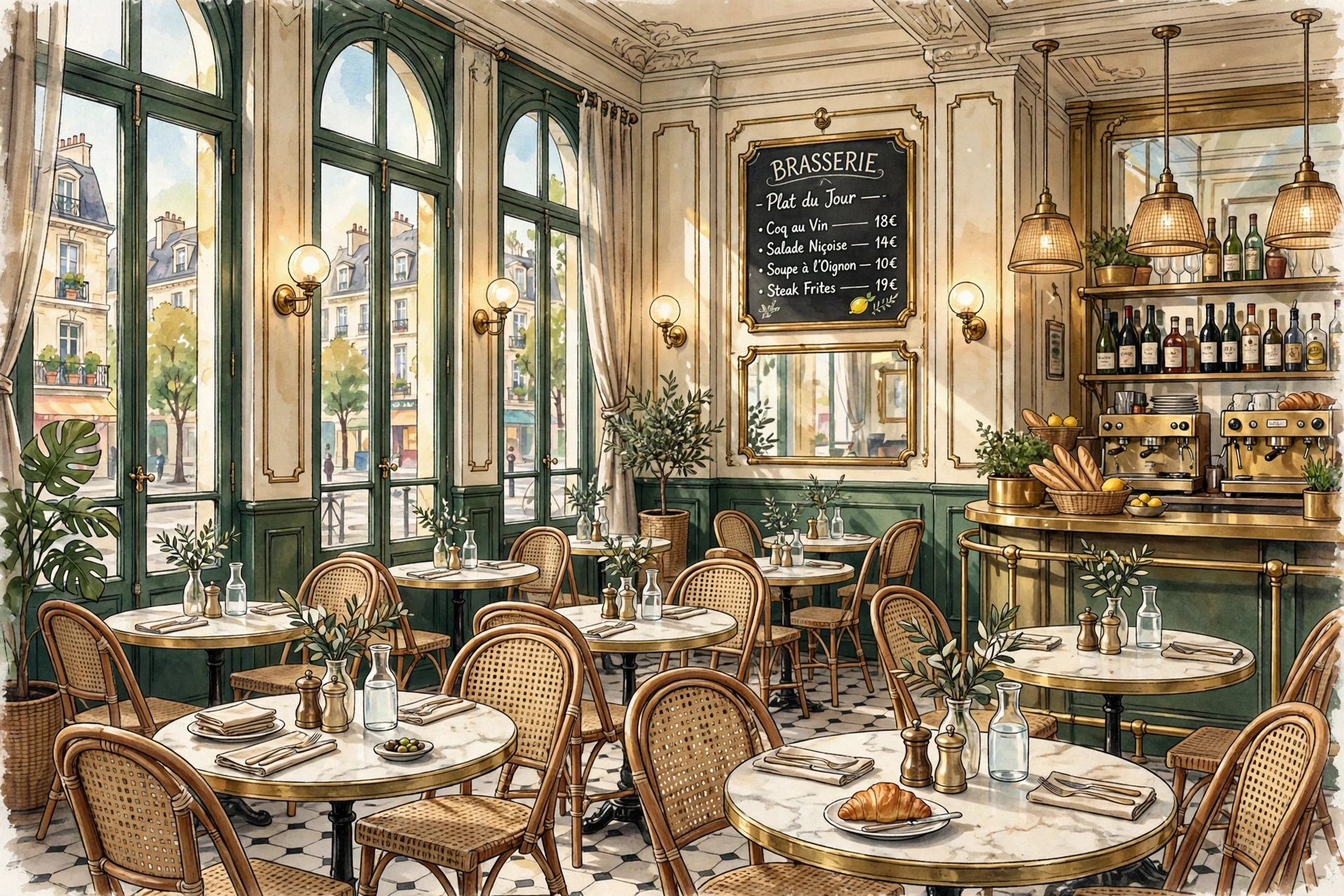 Illustration of a chic French brasserie dining room with rattan chairs, marble tables and tall windows in daylight (illustrative, not the actual restaurant)
