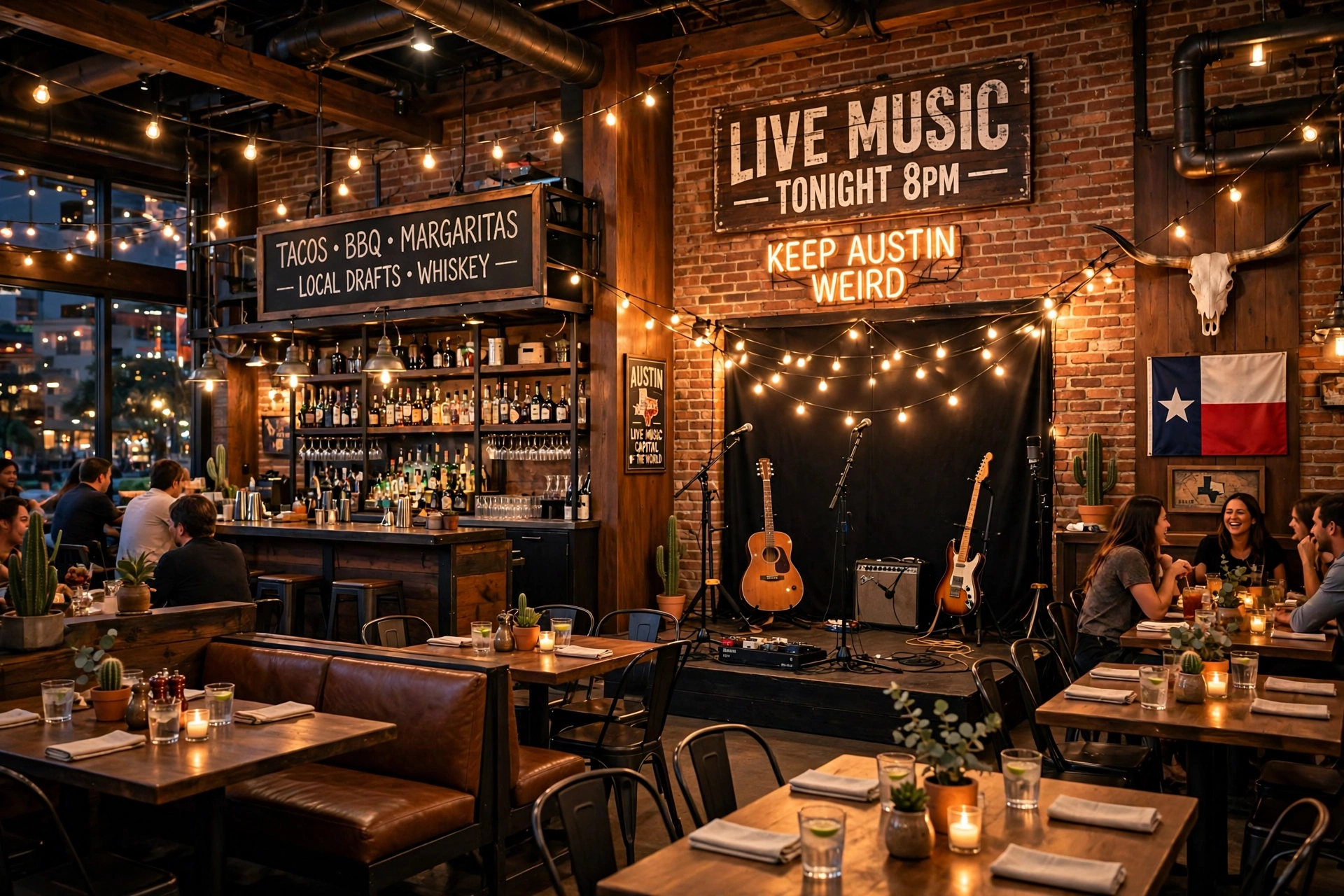 Illustration of a lively modern restaurant with a stage for live music at evening (illustrative, not the actual restaurant)