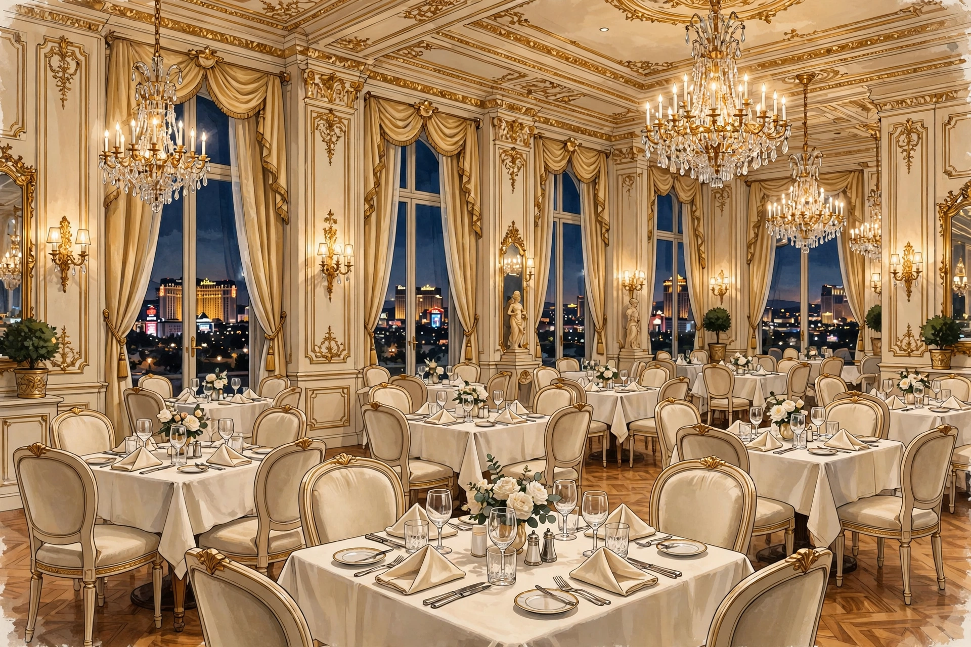Illustration of a grand classic French dining room with golden lighting