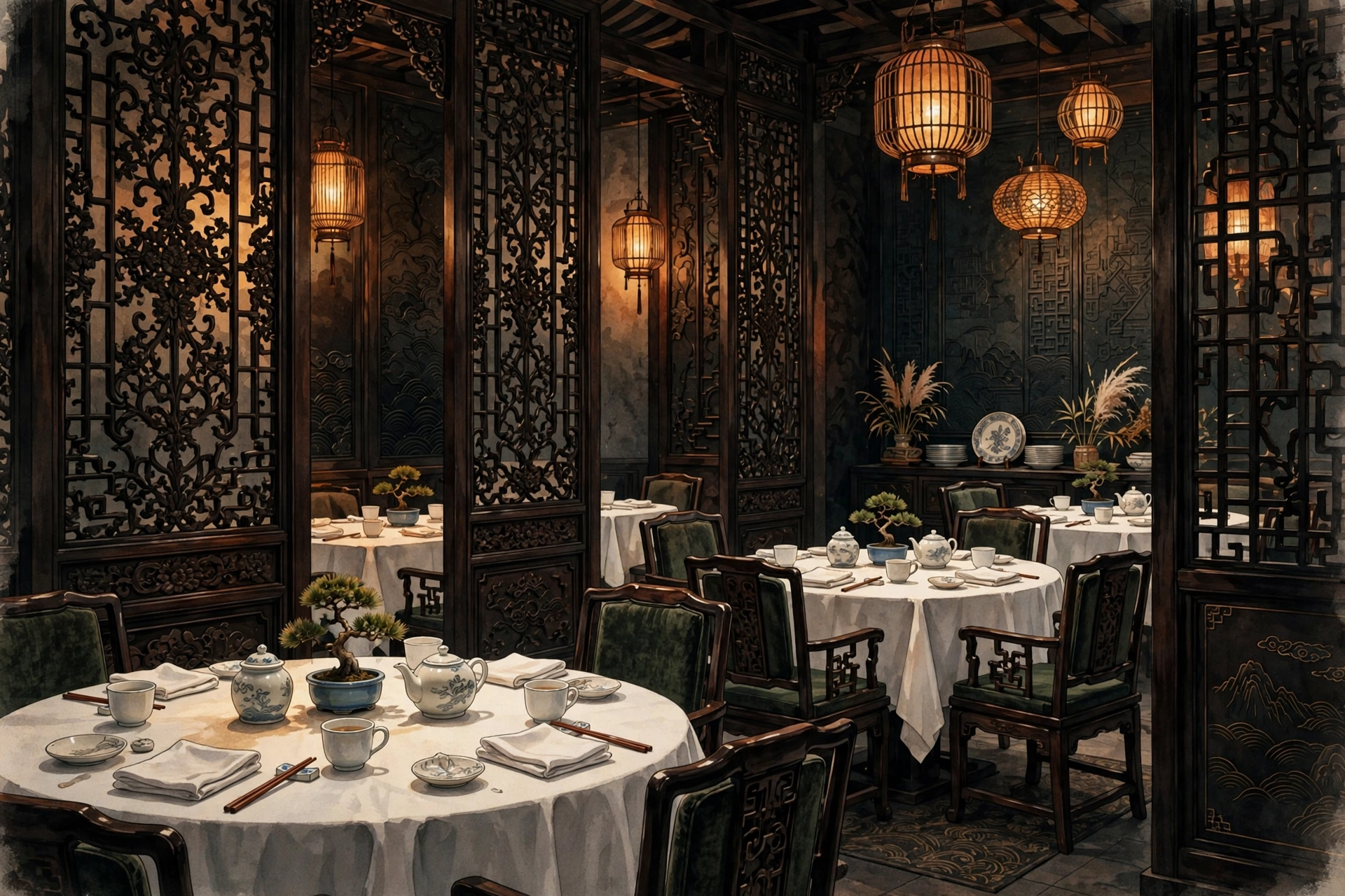 Illustration of a moody upscale Cantonese restaurant with dark wood lattice screens (illustrative, not the actual restaurant)