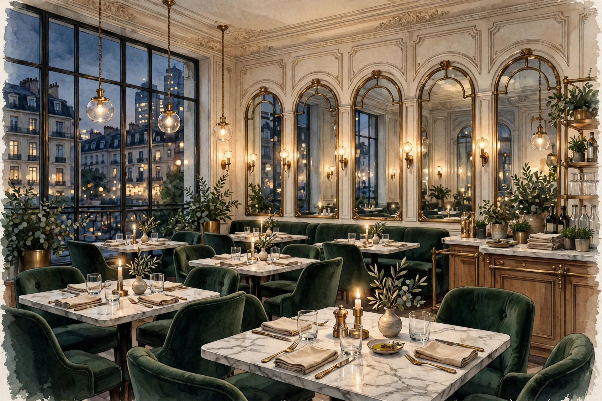 Illustration of a chic modern European-style hotel restaurant dining room with marble tables and candlelight at evening (illustrative, not the actual restaurant)