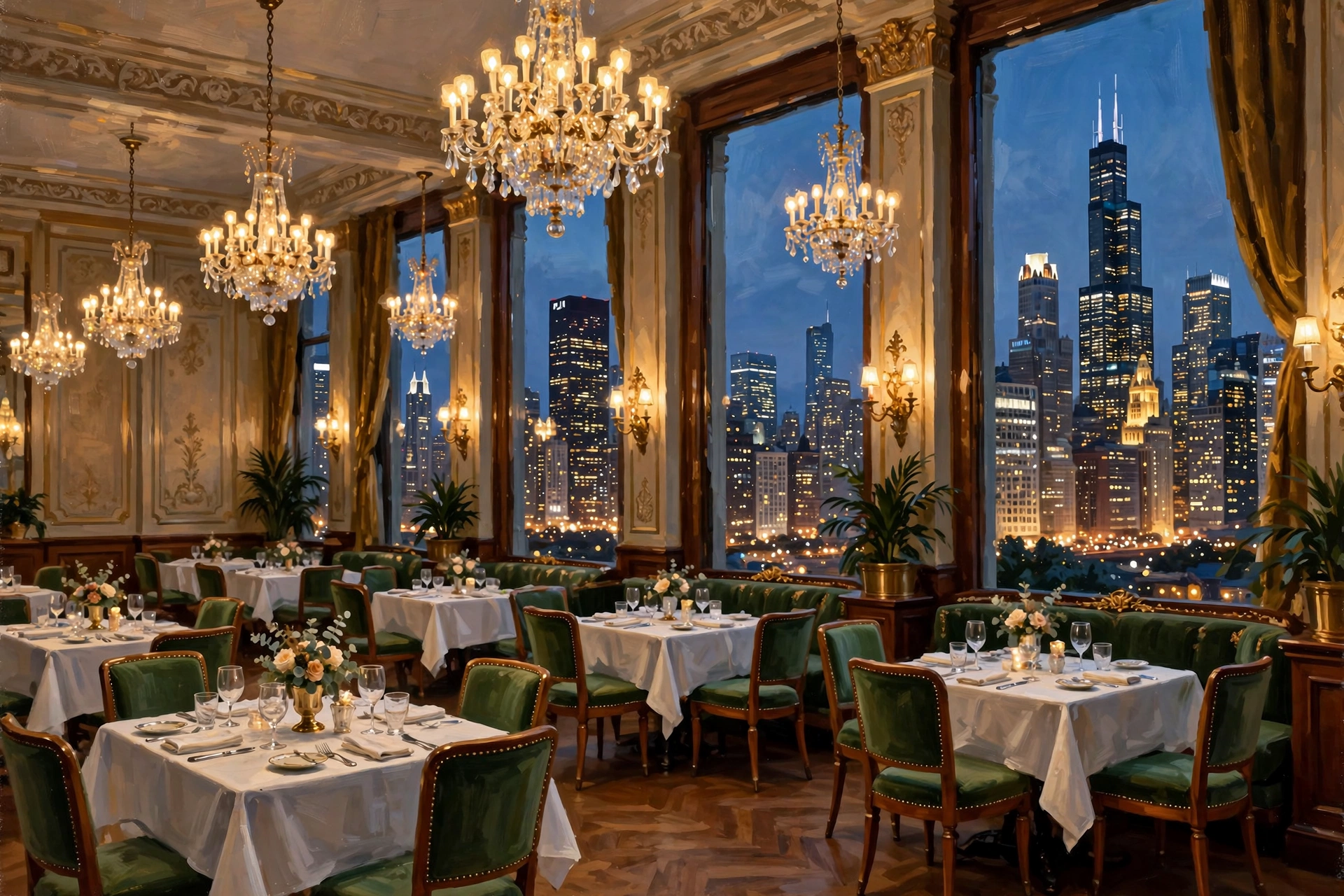 Illustration of a grand Chicago hotel dining room at dusk with skyline views