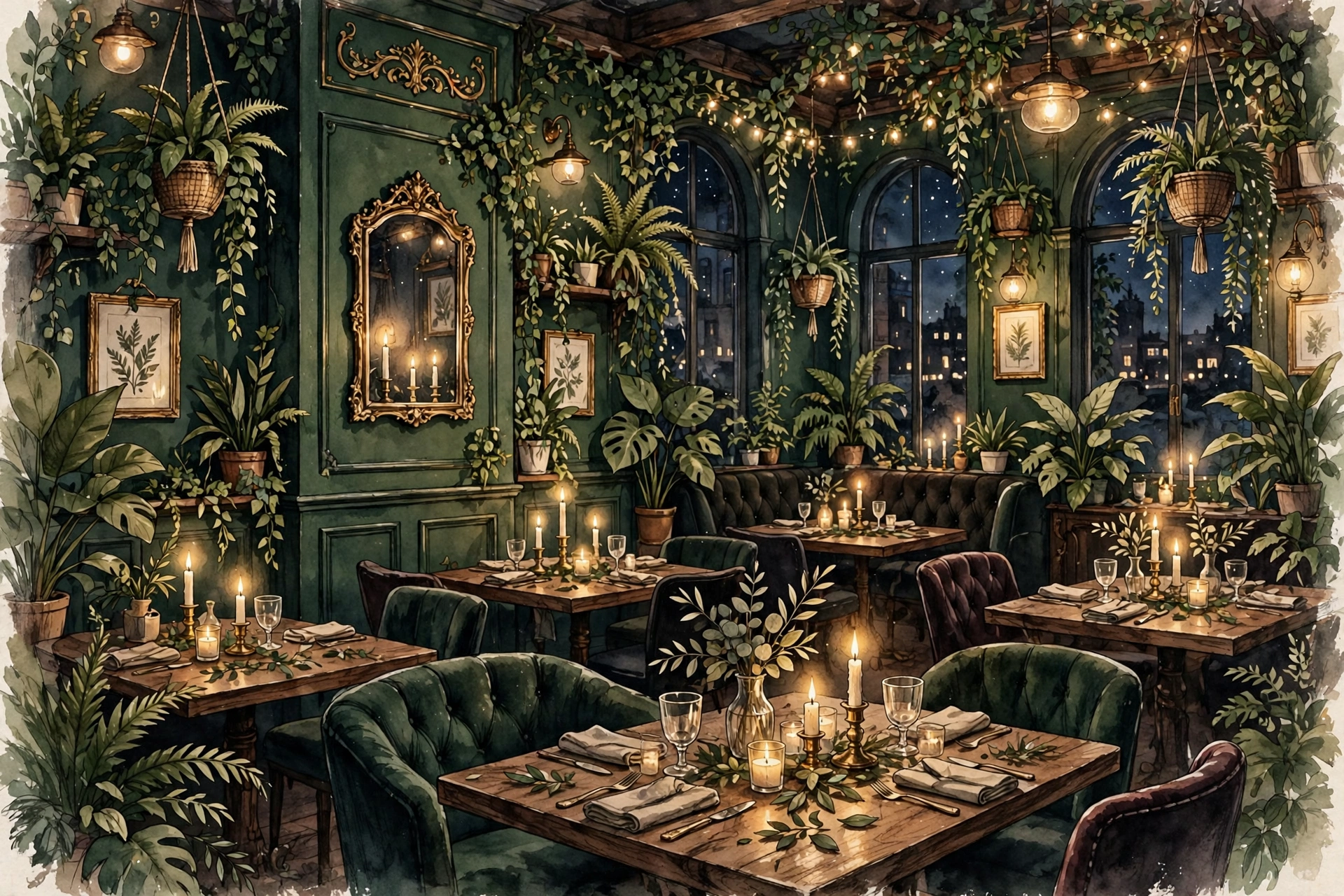 Illustration of a dark romantic restaurant dining room with moody lighting, candlelit tables and lush plants at evening (illustrative, not the actual restaurant)