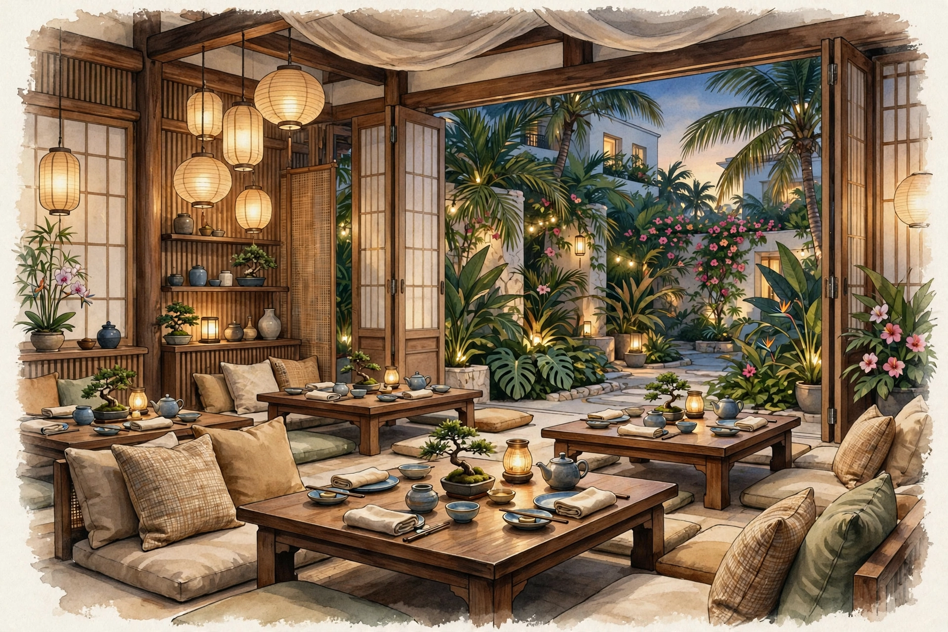 Illustration of an elegant Asian restaurant dining room with lanterns and a tropical courtyard (illustrative, not the actual restaurant)