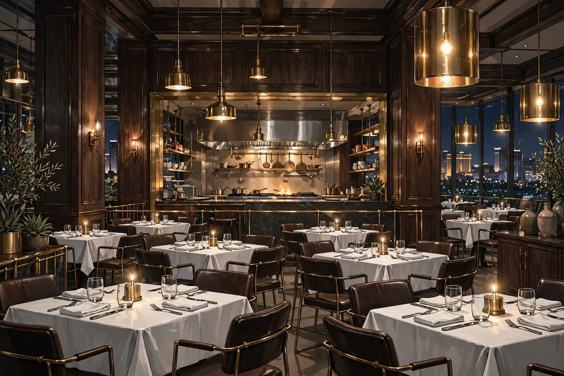 Illustration of a sleek modern steakhouse dining room with dark wood and brass