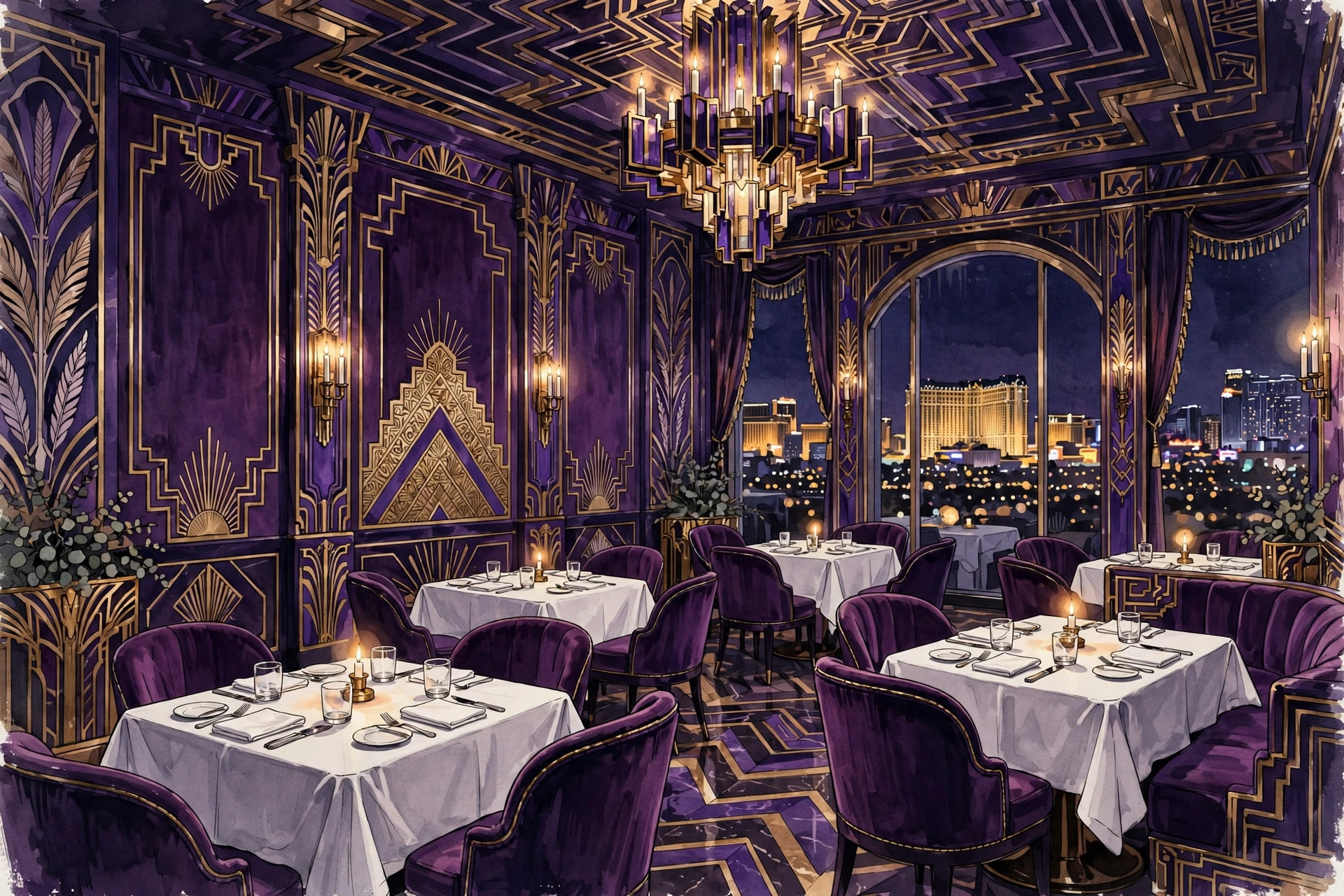 Illustration of an elegant French fine-dining room with purple art-deco decor