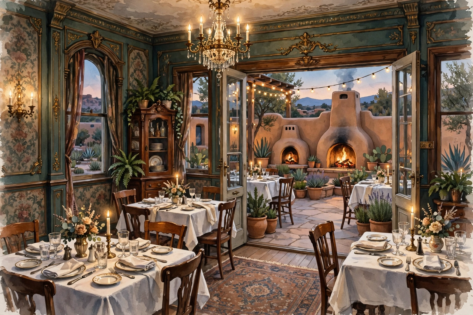 Illustration of a 19th-century Victorian mansion dining room with vintage elegance, a garden patio with kiva fireplaces and candlelit tables at evening (illustrative, not the actual restaurant)