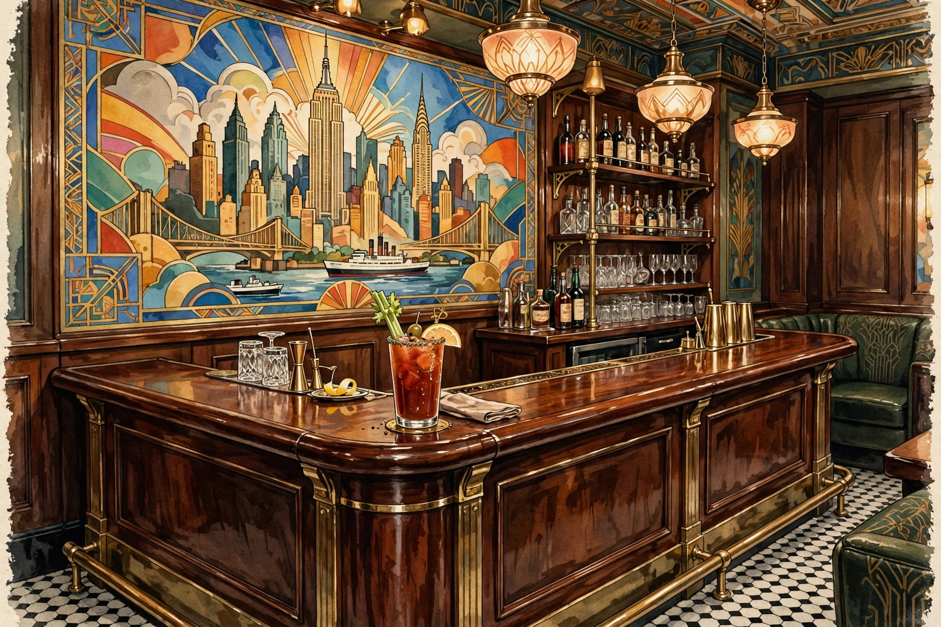 Illustration of a historic 1930s hotel cocktail bar with a large mural