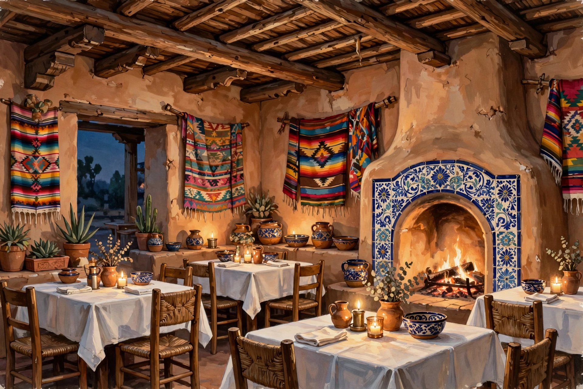 Illustration of a historic Santa Fe Southwestern restaurant dining room with adobe walls, a glowing kiva fireplace, Talavera tiles and candlelit tables at evening (illustrative, not the actual restaurant)
