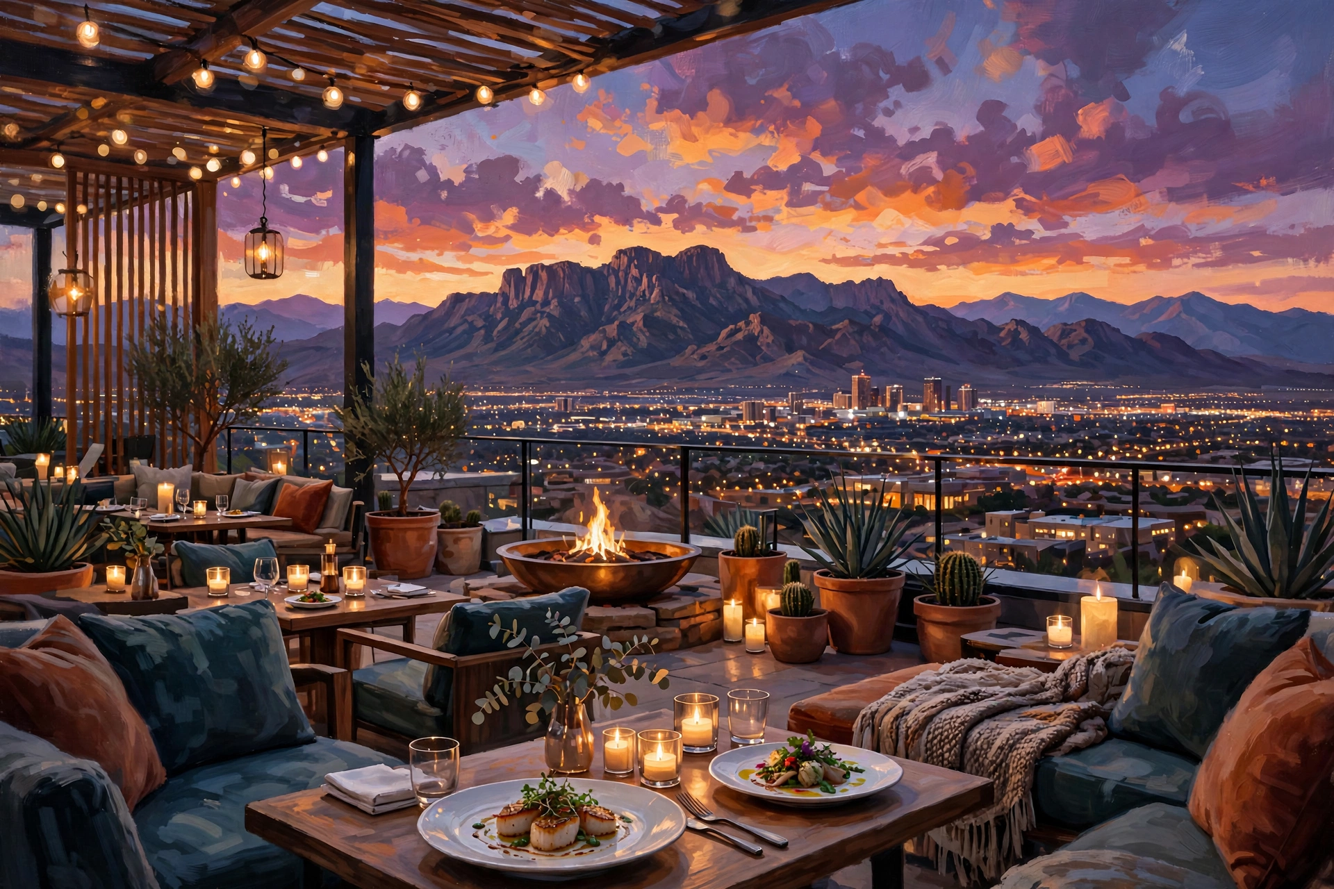 Illustration of a rooftop restaurant at dusk with Sandia Mountain and city views, modern lounge seating, fire features and candlelit tables (illustrative, not the actual restaurant)
