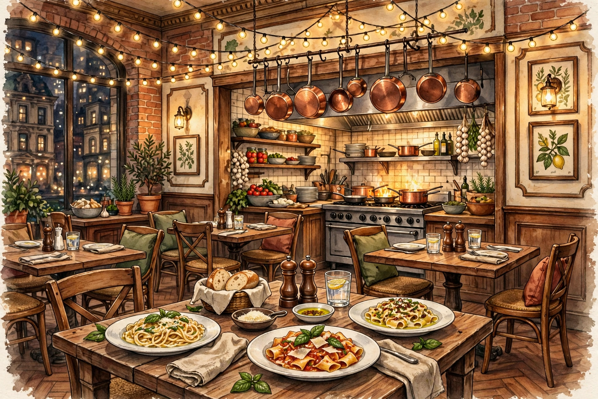 Illustration of a warm rustic Italian restaurant dining room