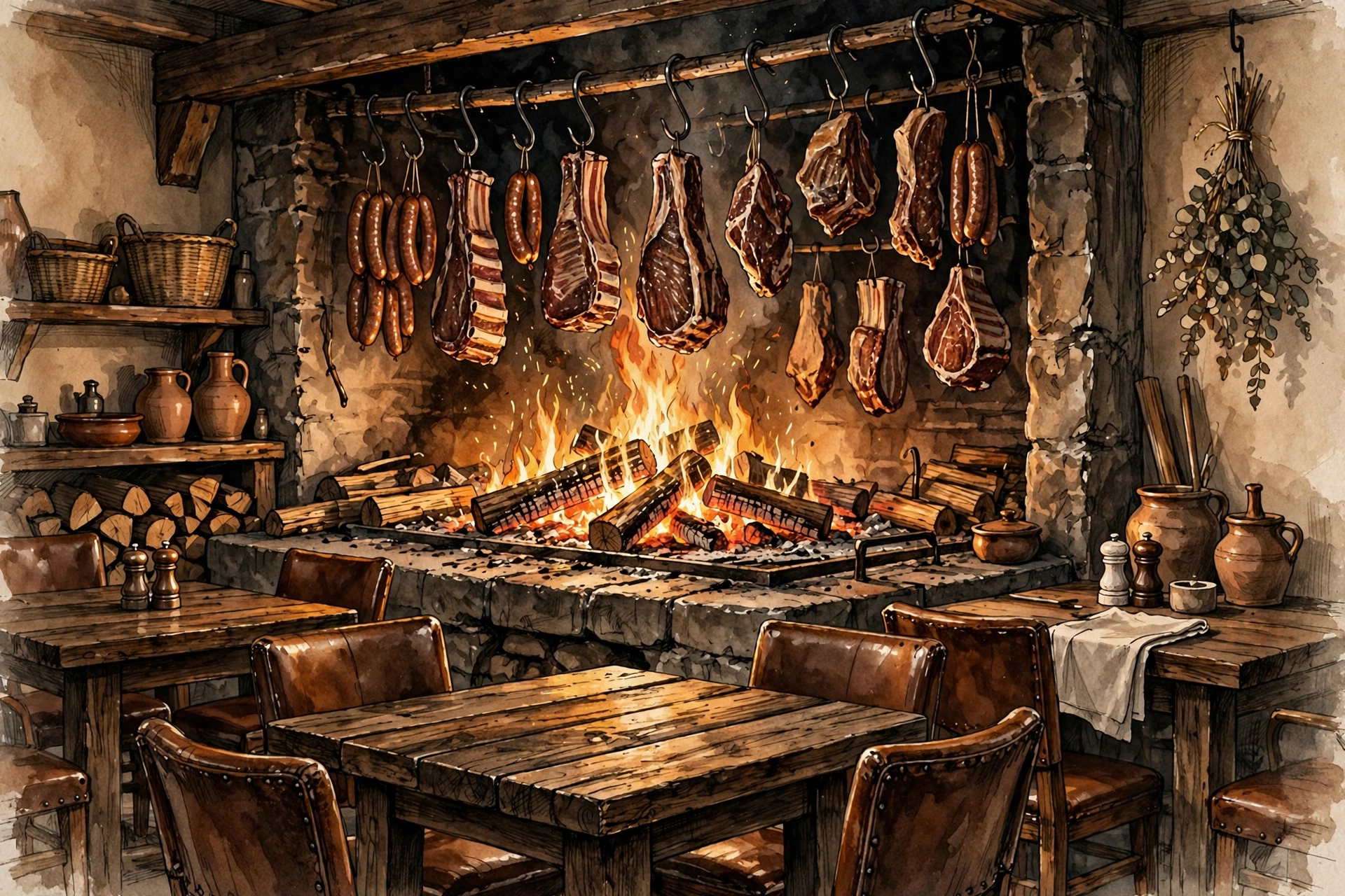 Illustration of an Argentine open-fire grill restaurant with a glowing wood hearth (illustrative, not the actual restaurant)