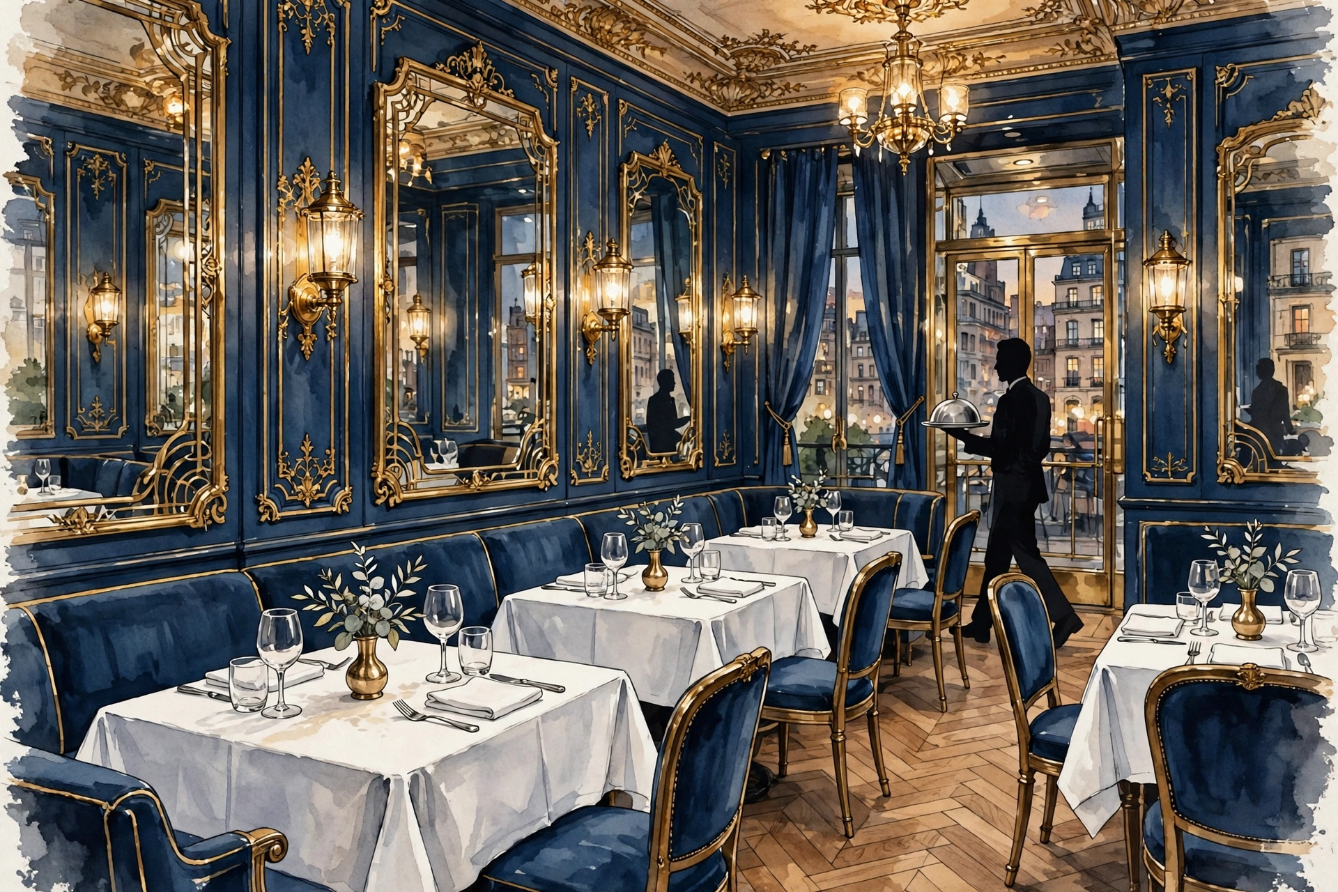 Illustration of a chic French restaurant dining room