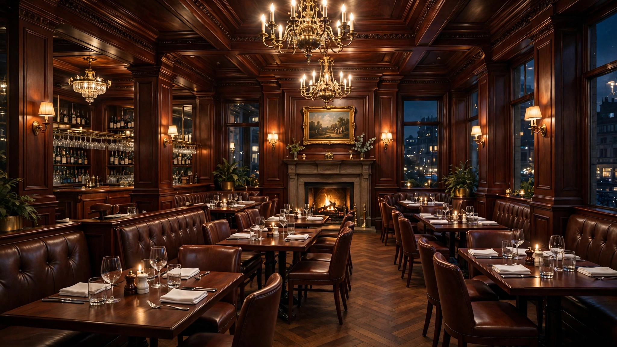 Illustration of a grand traditional steakhouse dining room with mahogany and leather booths at evening (illustrative, not the actual restaurant)