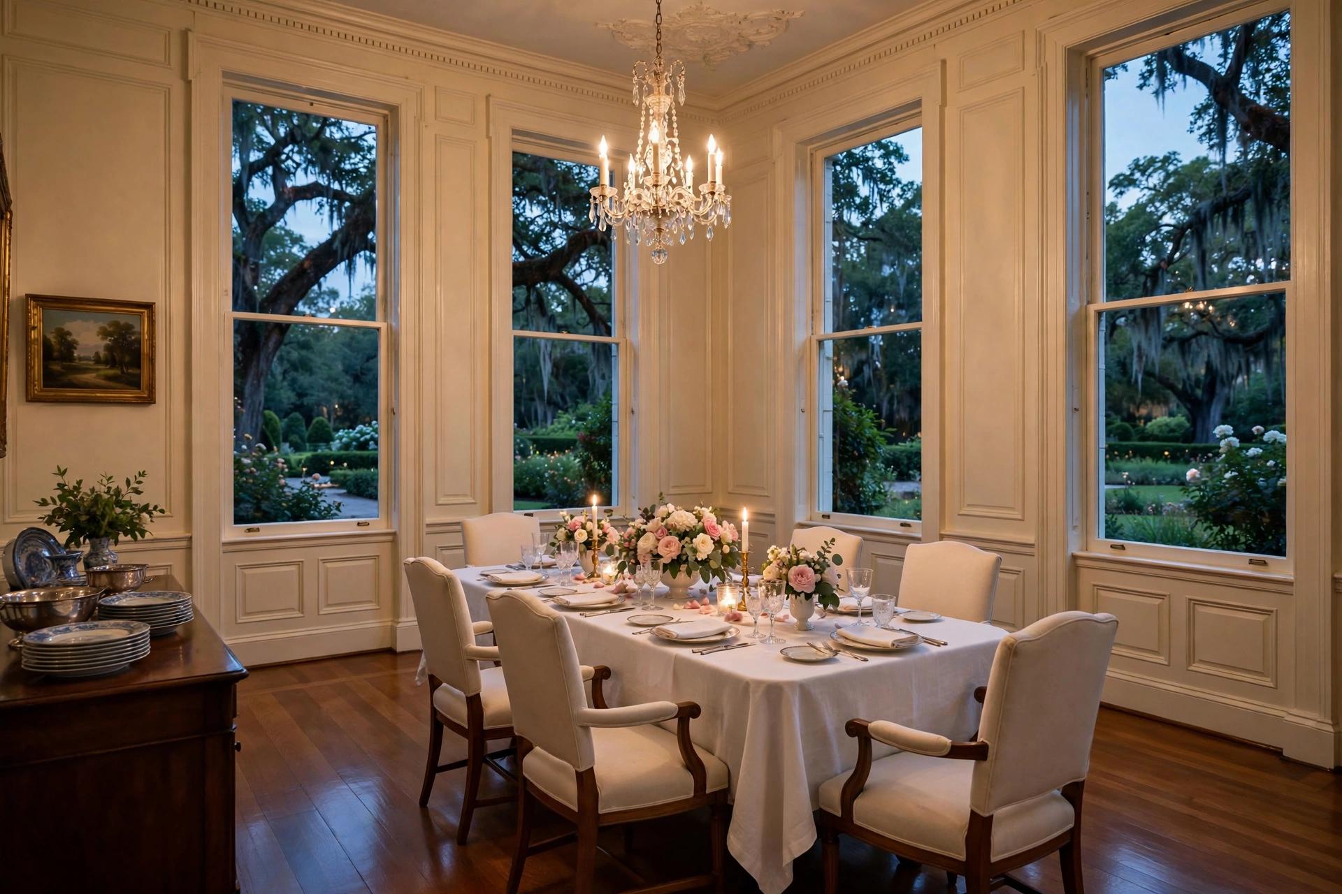 Illustration of a stately elegant dining room in a historic Southern mansion at evening (illustrative, not the actual restaurant)