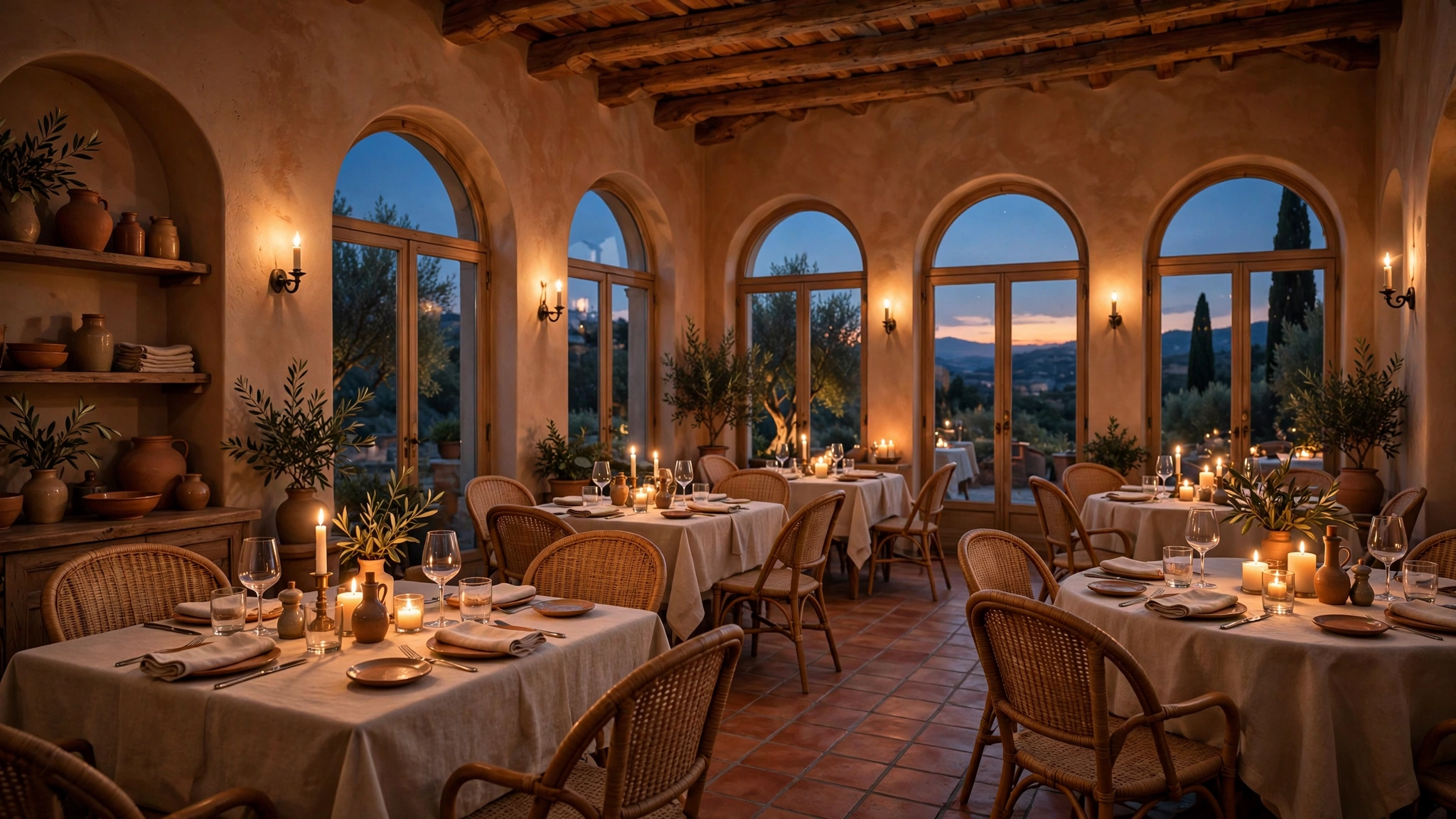 Illustration of an elegant Mediterranean restaurant dining room with warm terracotta tones and candlelight at evening (illustrative, not the actual restaurant)