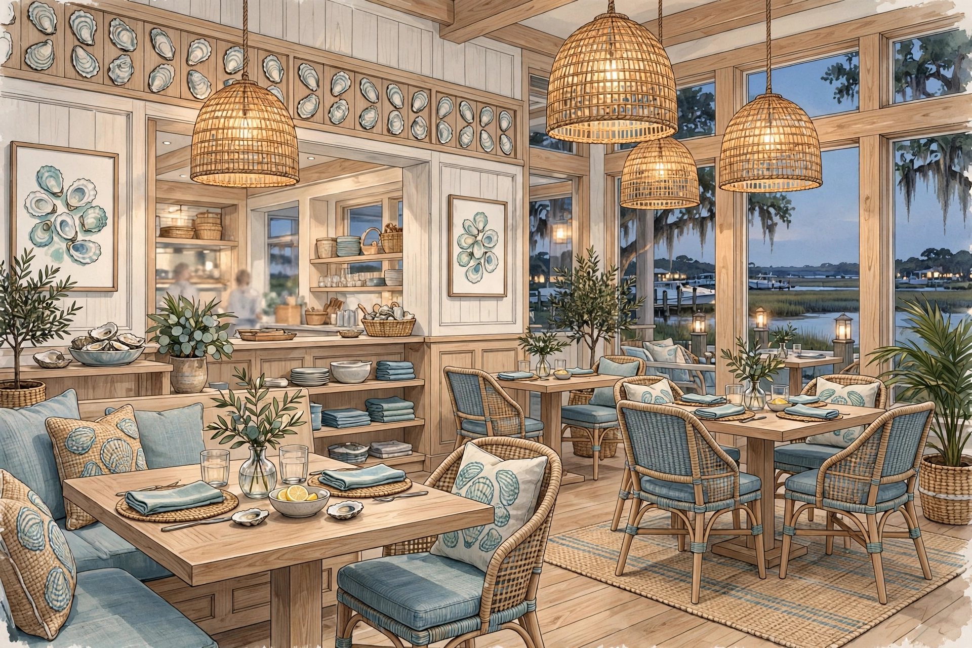 Illustration of a stylish coastal Southern seafood restaurant dining room with coastal decor at evening (illustrative, not the actual restaurant)