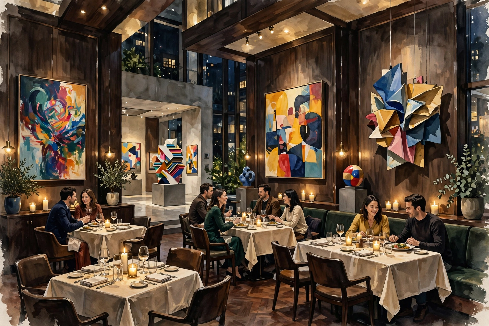 Illustration of Metropole's art-filled restaurant dining room in Cincinnati