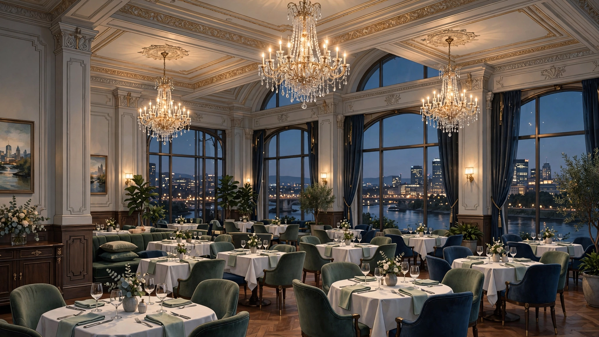 Illustration of a grand Twin Cities luxury hotel dining room with high ceilings and chandeliers at evening (illustrative, not the actual restaurants)