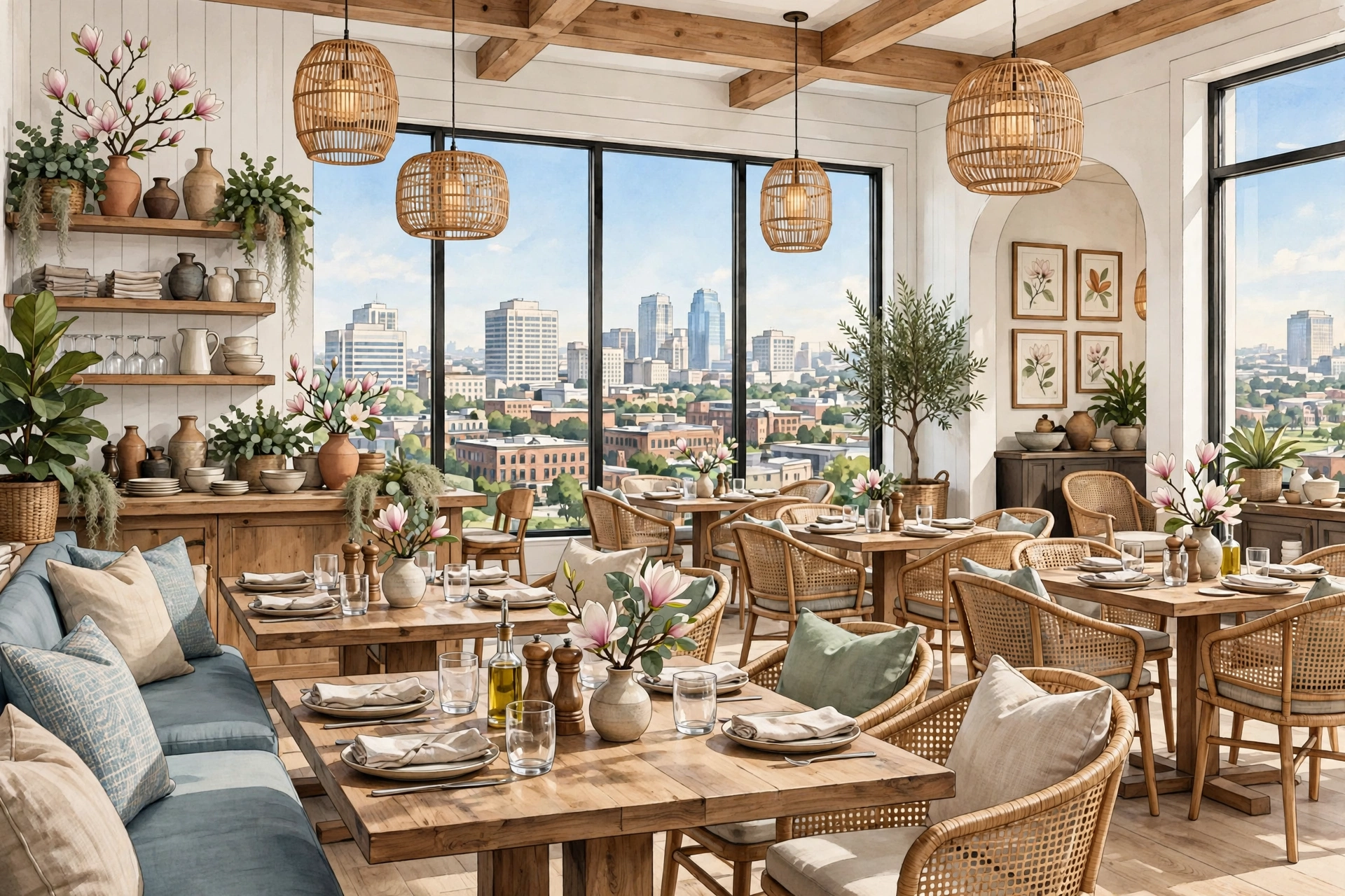 Illustration of a contemporary Southern-inspired hotel restaurant dining room with city views (illustrative, not the actual restaurant)