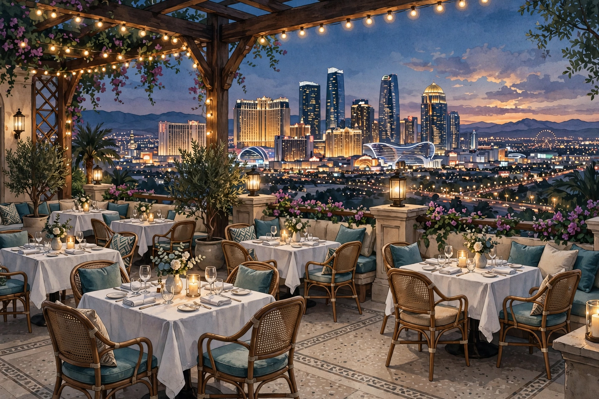 Illustration of a glamorous Las Vegas hotel dining terrace at dusk