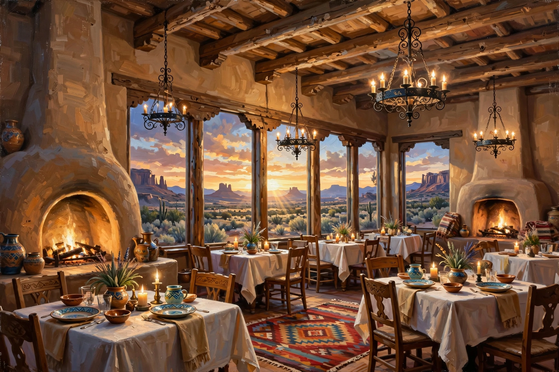 Illustration of a grand historic Santa Fe luxury hotel dining room with adobe ceilings, kiva fireplaces, wrought-iron chandeliers and candlelit tables at evening (illustrative, not the actual restaurants)