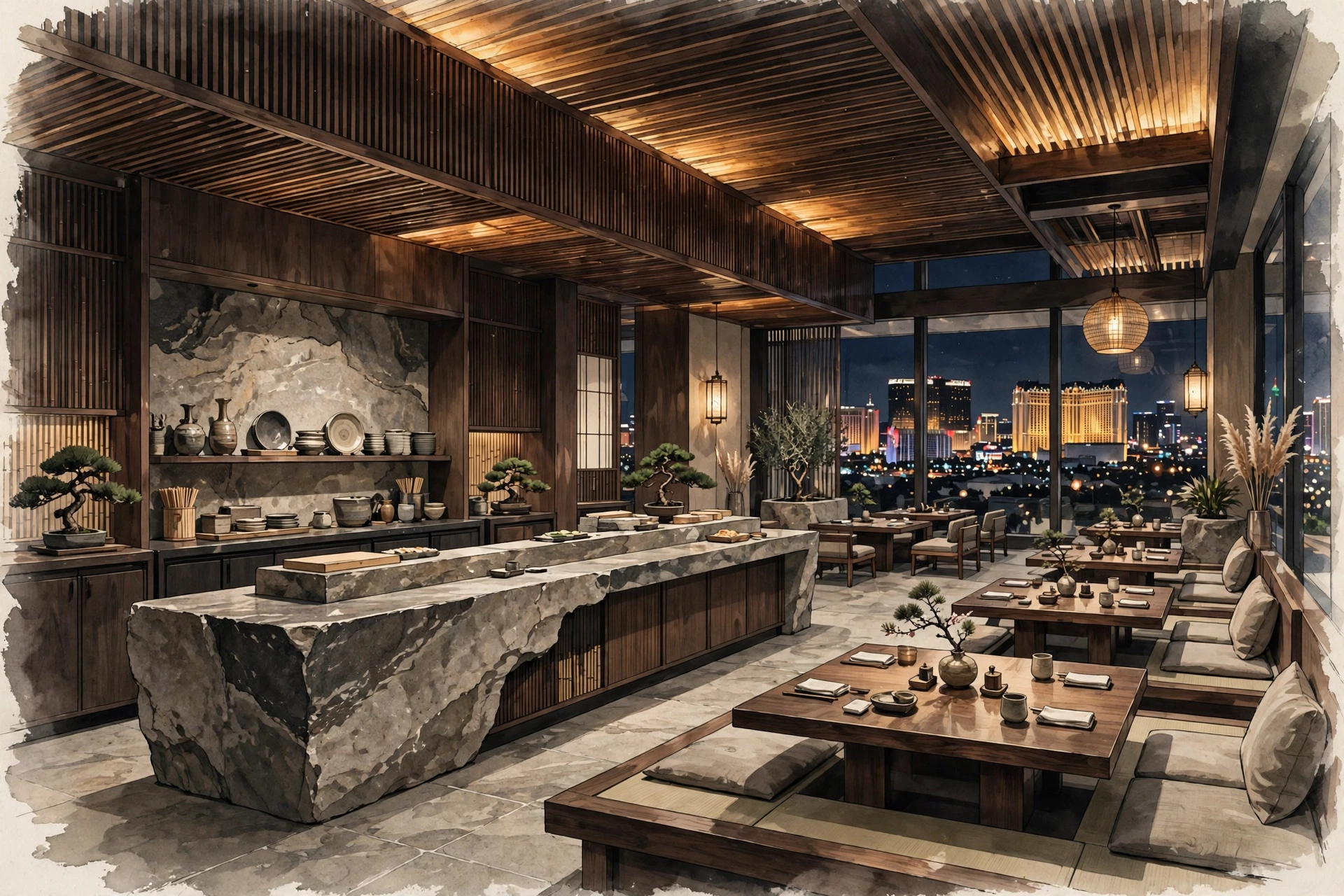 Illustration of a sleek modern Japanese restaurant with dark wood and warm lighting