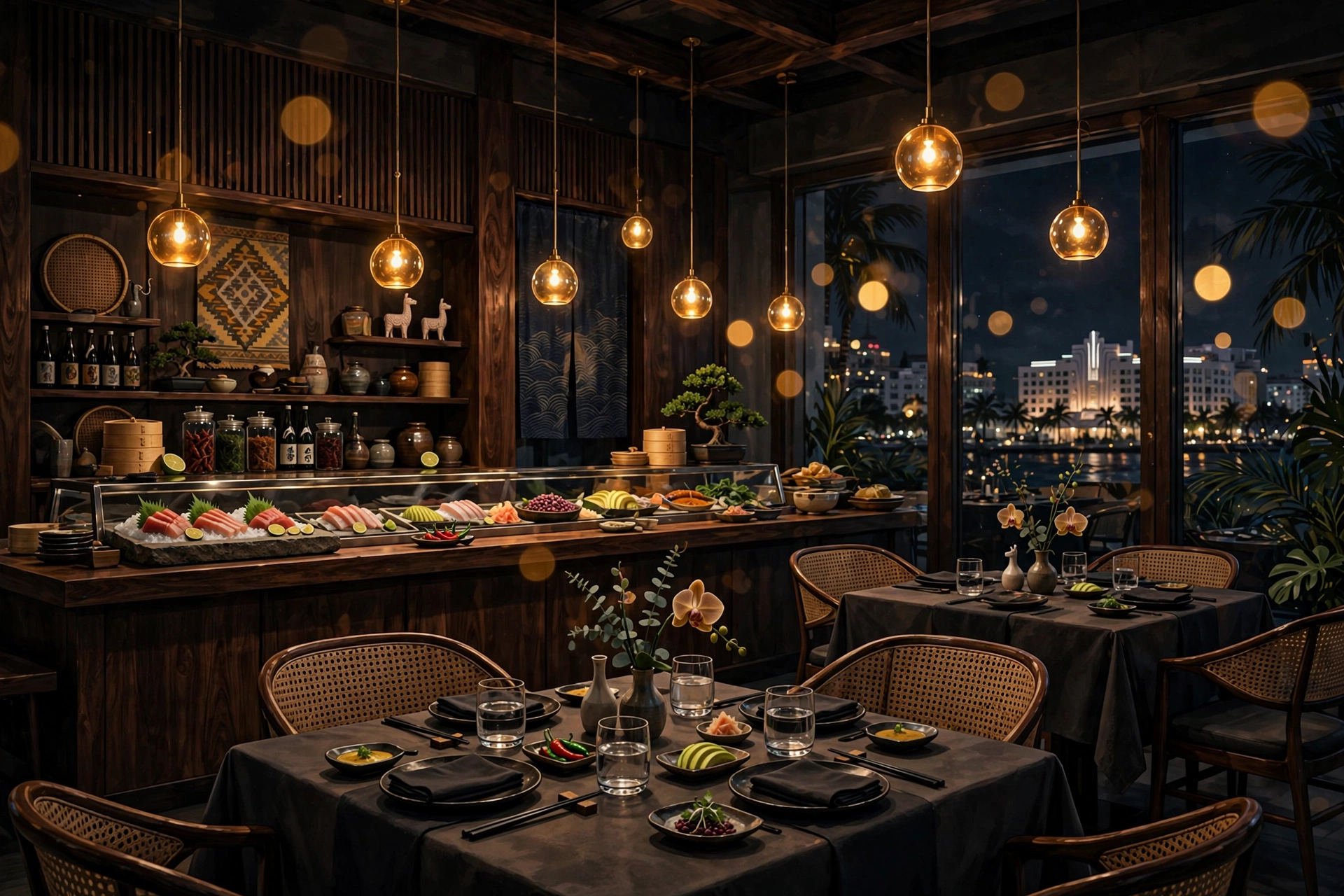 Illustration of an upscale Japanese-Peruvian restaurant dining room at night (illustrative, not the actual restaurant)