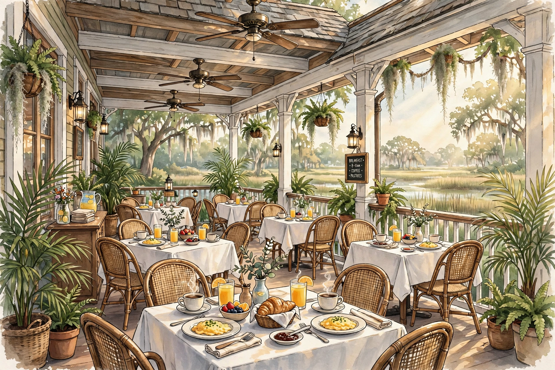 Illustration of a sunlit Southern Lowcountry veranda restaurant with ceiling fans, wicker chairs and white tablecloths at breakfast (illustrative, not the actual restaurant)