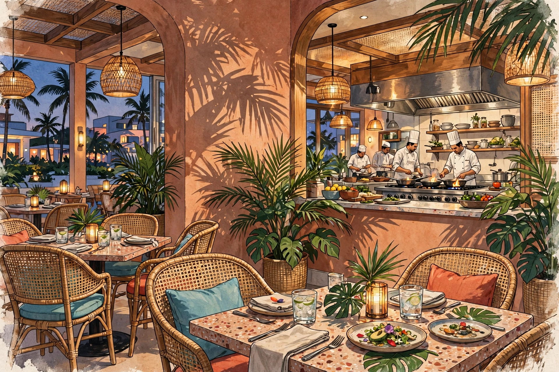Illustration of a vibrant modern tropical restaurant with an open kitchen (illustrative, not the actual restaurant)