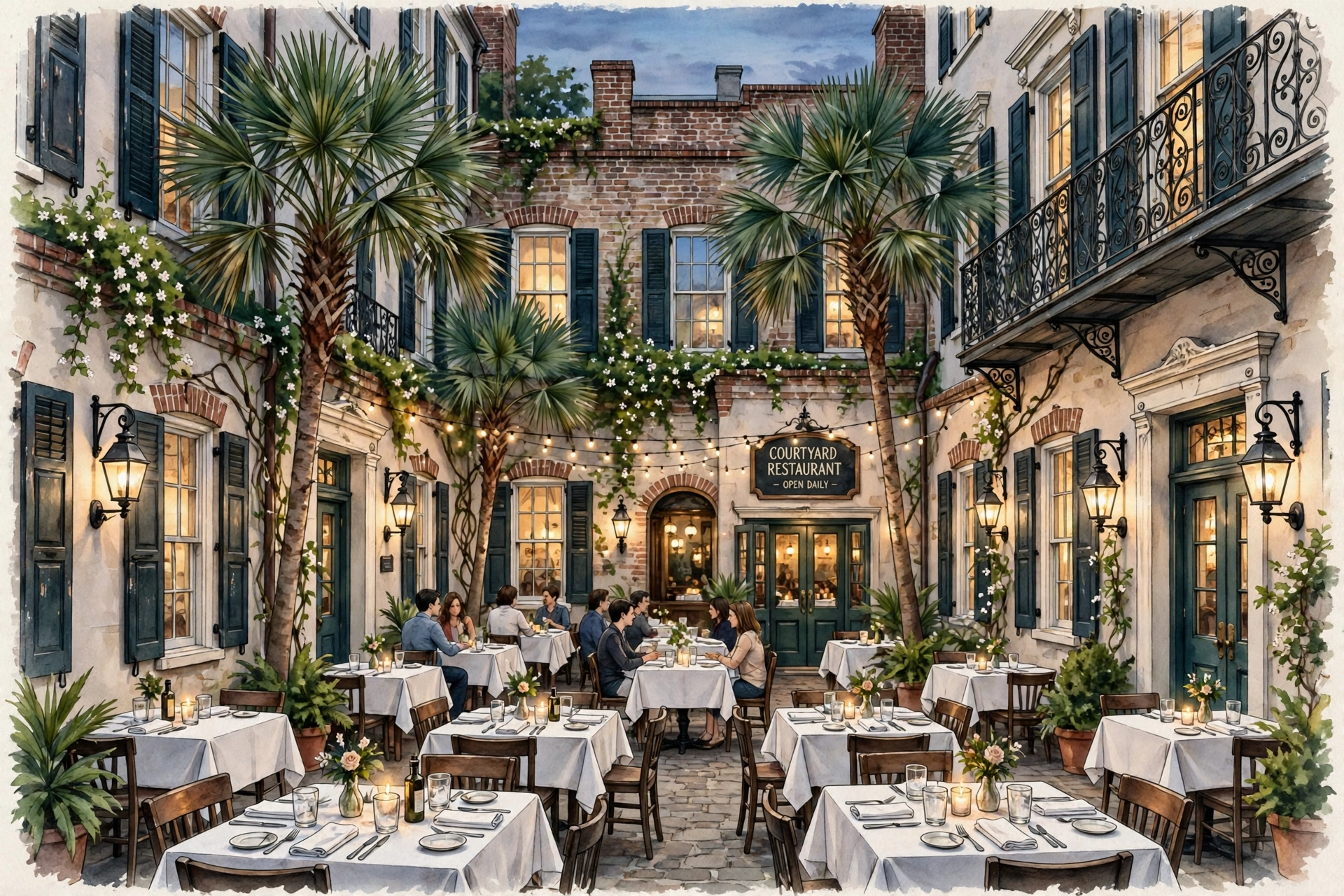 Illustration of an elegant historic Charleston courtyard restaurant with gas lanterns and candlelit tables at evening (illustrative, not the actual restaurant)