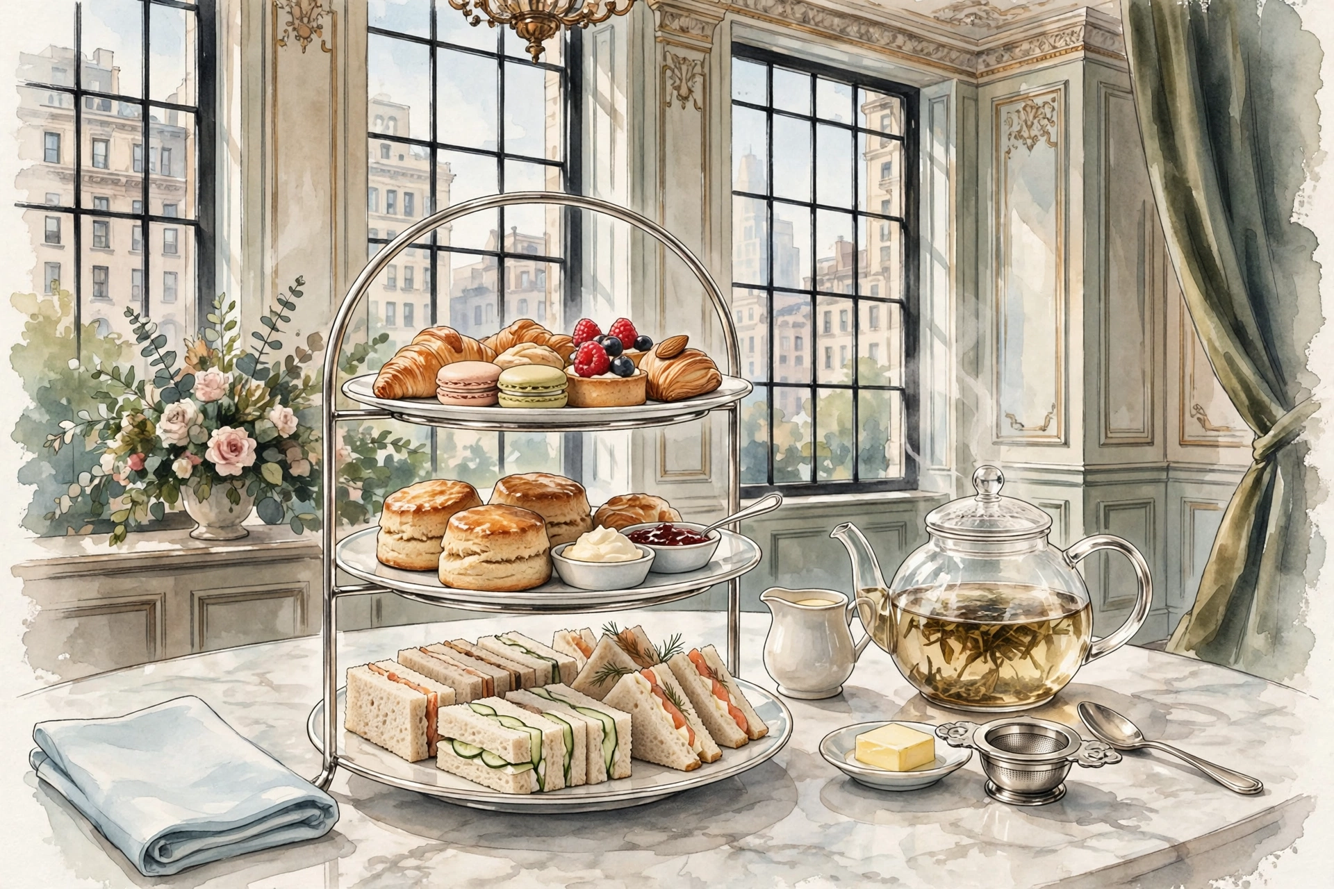 Illustration of an elegant hotel afternoon tea with a tiered stand