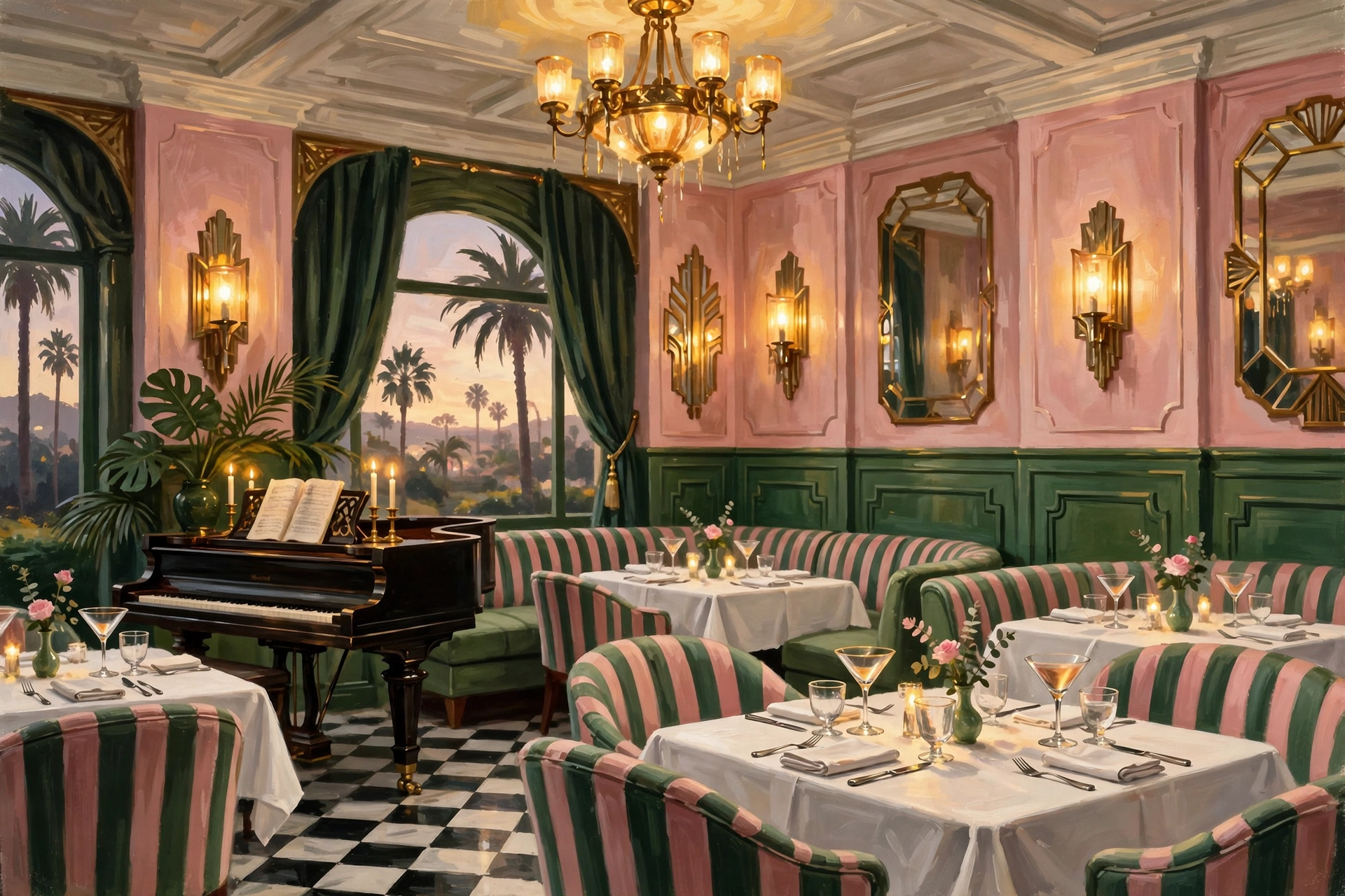 Illustration of the Polo Lounge's pink-and-green dining room in Beverly Hills